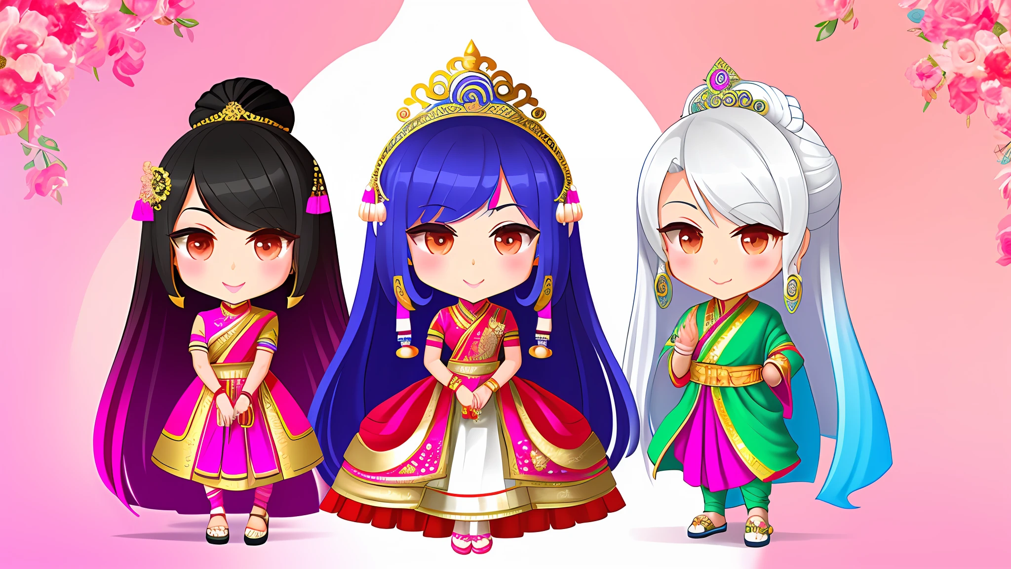 three chibi doll characters dressed in Indian sari and jewelry, perfect android girl family, of an Indian princess, traditional female hairstyles, my dress up darling anime, ancient Asian dynasty princess, Indian style, beautiful female princess, fashion gameplay screenshot, artificial intelligence princess, Indian empress, design your own avatar, cute colorful adorable, wearing Indian fantasy formal Indian clothing, my dress-up darling