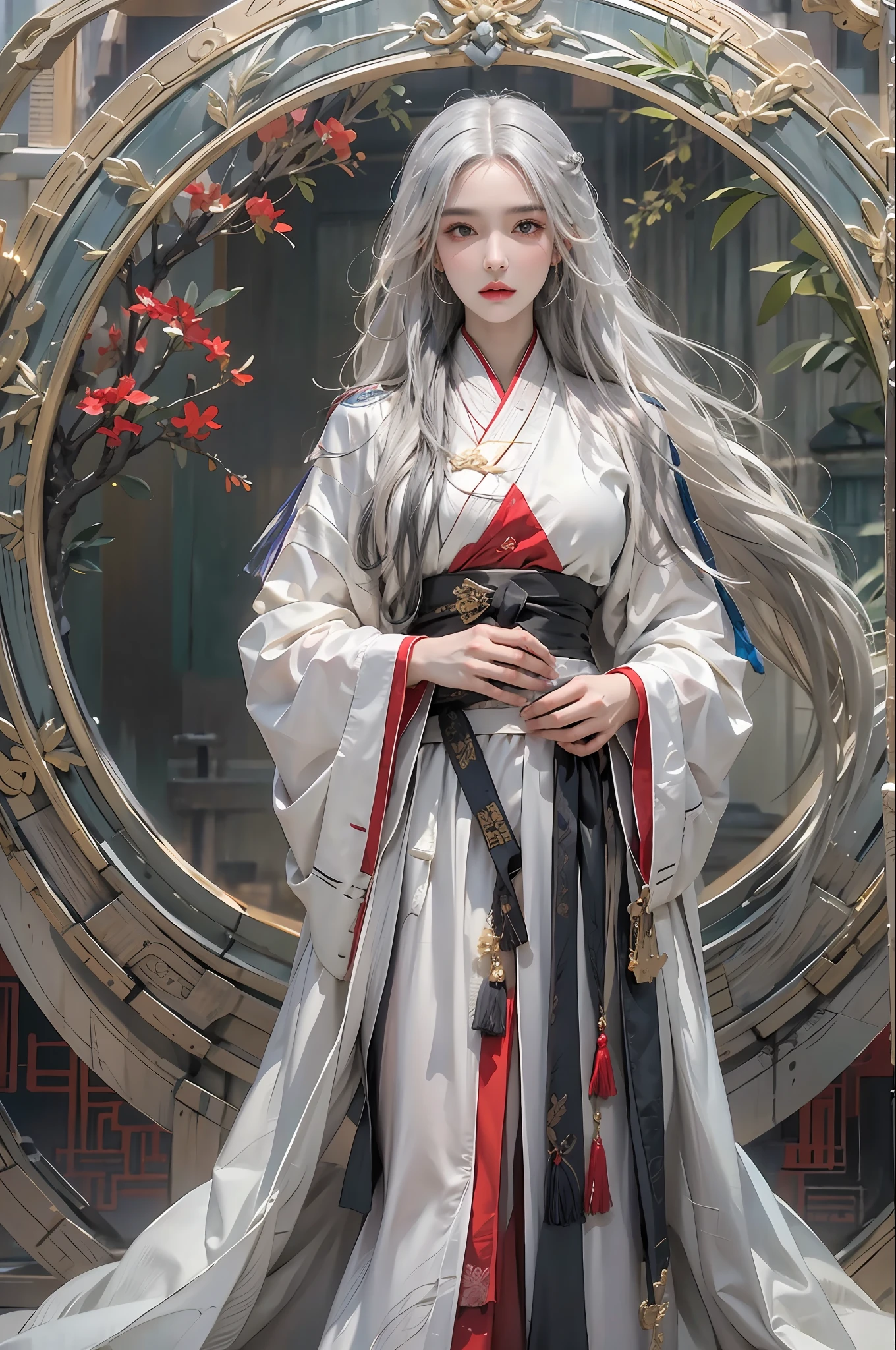 photorealistic, high resolution, 1women, solo, hips up, look at viewer, (detailed face), white hair, long hair, Taoist robe,oversized clothes, midjourney portrait, jewelry