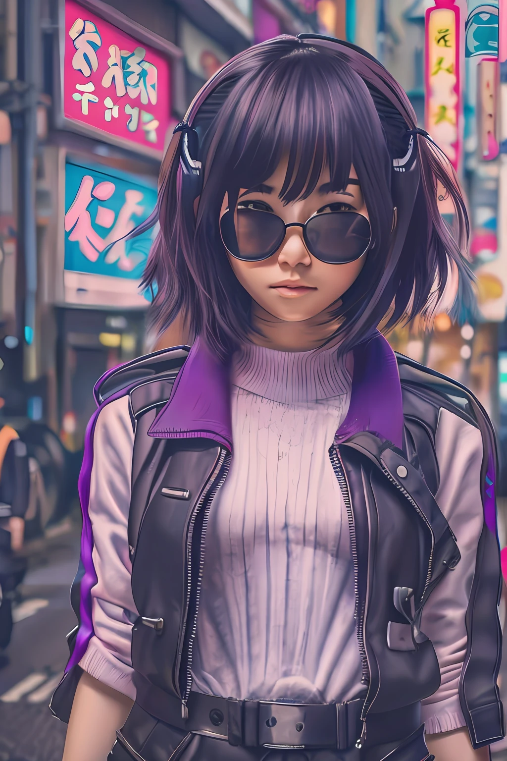 Hermosa mujer de cabello mediano, cabello con coleta, gafas de aviador, ropa corta de estilo cyberpunk, en una calle de Tokio, ciudad moderna,