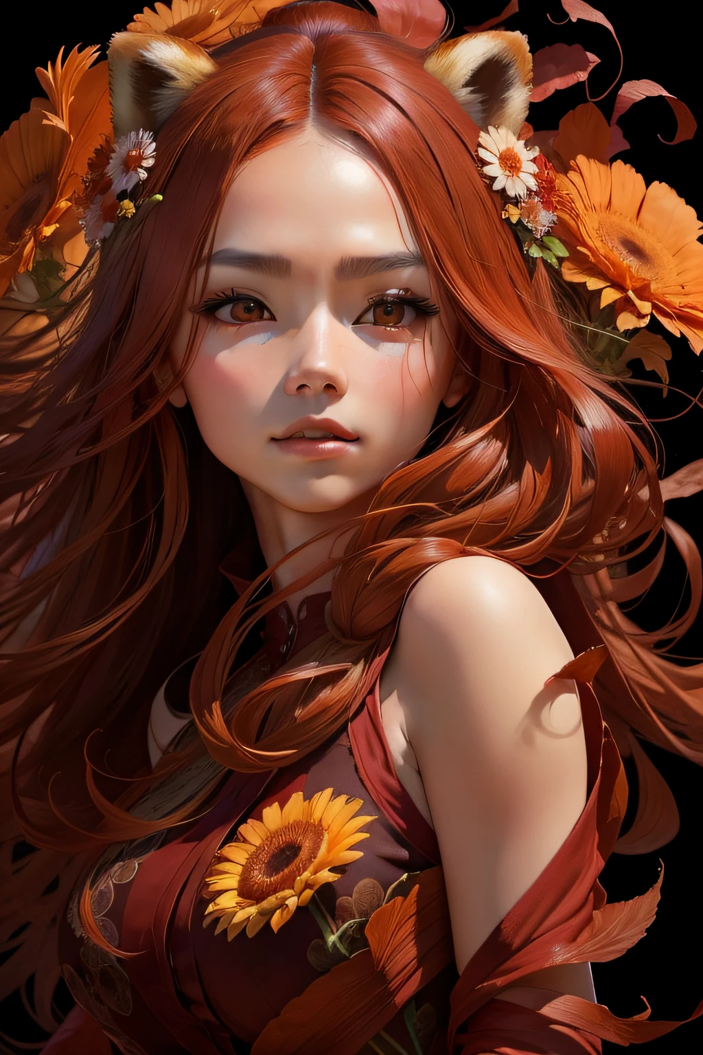 red panda girl Generate a striking image of an elegant red panda with flowing chestnut hair, facing forward. In the composition, a single vibrant gerbera flower is precisely placed in front of her face, delicately covering her features. The flower's intricate details and vivid colors add to the allure and mystery of the scene, leaving the viewer captivated by the beauty and elegance of the woman behind the enchanting gerbera floral veil