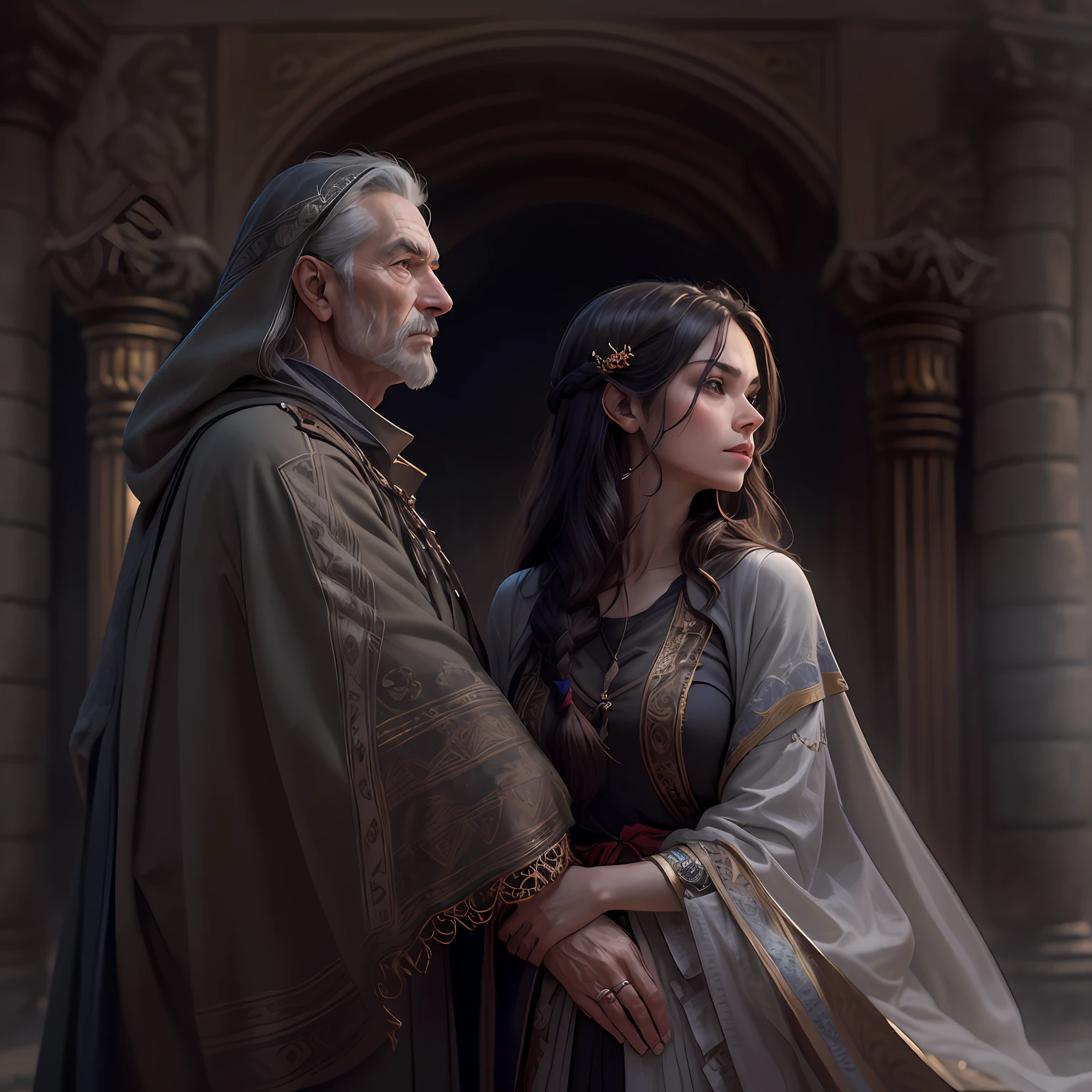 Duo of a woman and a man, side-view, Hi-Def, ultradetail, European facial features, realeme fentezi, Pattern, portraite of a, side glance: woman's, 56 years old, dark brown long hair, dark eyes, Frowning, A fighting look into the distance, dressed in an old shabby gray cloak,Beautiful handkerchief, wrapped around her head, Hands raised up, Clarity: 8 months, scenery: side view Huge throne room with large windows, A 56-year-old woman in an old cloak stands near a throne, Ao fundo, Near the throne, A man hugs a woman by the shoulders, Rear side view: A man hugs a woman by the shoulders, Standing behind the throne of steam (((male)), fashion photography, (Full portrait), (half), 独奏, Detailed background, Detailed Face, (stonepunkAI, Stone theme:1.1), wise, (beautiful hair, braid: 0.2), shaman, The partition is harsh, mysterious, (Gorgeous face), Stunning, The head is tilted upwards, (calm expression on his face), Calm, Intimate Interaction. detailed clothes, realistic skin texture, Clear Focus, voluminous lighting, Good moments, Good shadows, sub-surface Scattering, Complex, Highly detailed, ((film)), dramatic, (Highest Quality, Award-winning, Masterpiece: 1.5), (Realism)