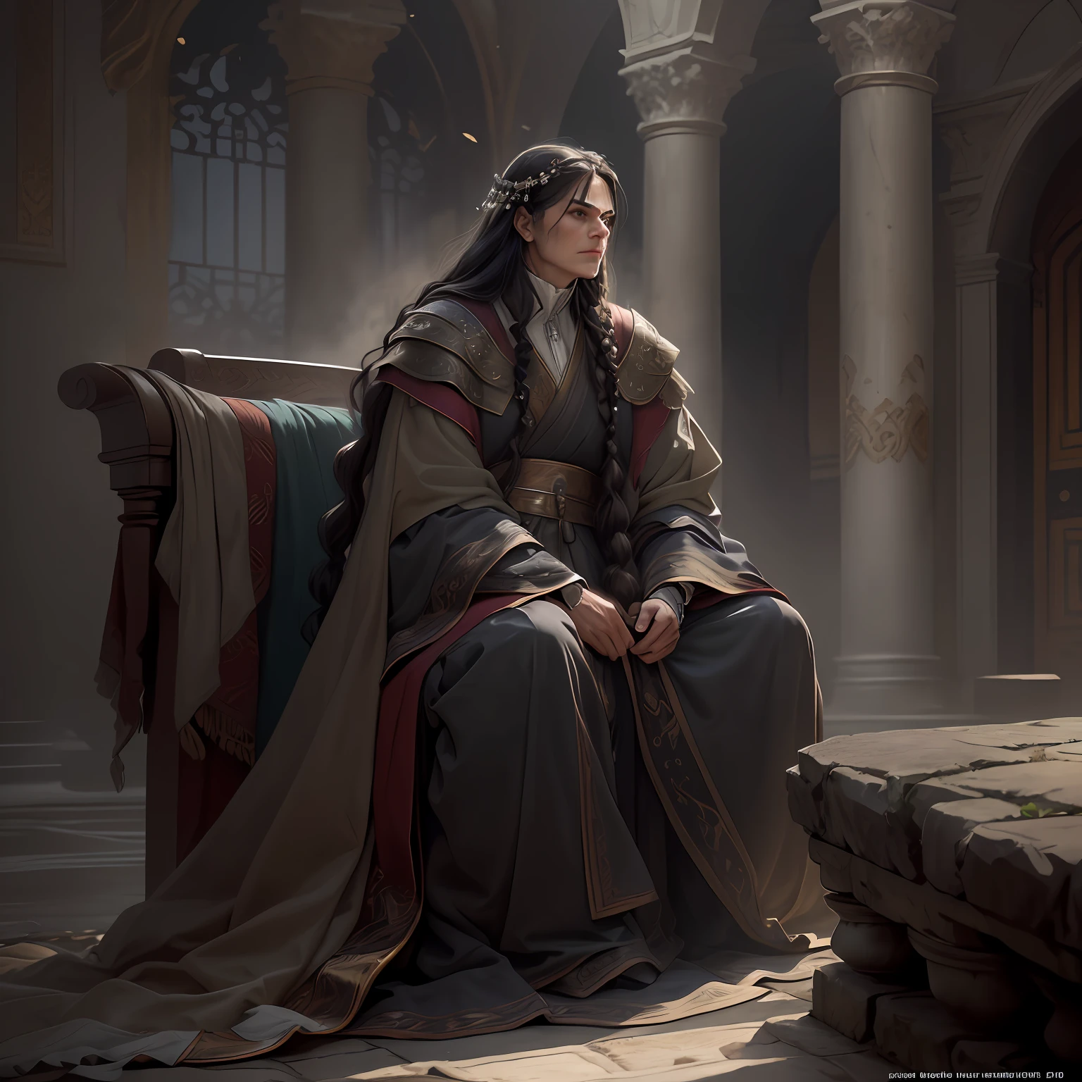 Duo of a woman and a man, side-view, Hi-Def, ultradetail, European facial features, realeme fentezi, Pattern, portraite of a, side glance: woman's, 56 years old, dark brown long hair, dark eyes, Frowning, A fighting look into the distance, dressed in an old shabby gray cloak,Beautiful handkerchief, wrapped around her head, Hands raised up, Clarity: 8 months, scenery: side view Huge throne room with large windows, A 56-year-old woman in an old cloak stands near a throne, Ao fundo, Near the throne, A man hugs a woman by the shoulders, Rear side view: A man hugs a woman by the shoulders, Standing behind the throne of steam (((male)), fashion photography, (Full portrait), (half), 独奏, Detailed background, Detailed Face, (stonepunkAI, Stone theme:1.1), wise, (beautiful hair, braid: 0.2), shaman, The partition is harsh, mysterious, (Gorgeous face), Stunning, The head is tilted upwards, (calm expression on his face), Calm, Intimate Interaction. detailed clothes, realistic skin texture, Clear Focus, voluminous lighting, Good moments, Good shadows, sub-surface Scattering, Complex, Highly detailed, ((film)), dramatic, (Highest Quality, Award-winning, Masterpiece: 1.5), (Realism)