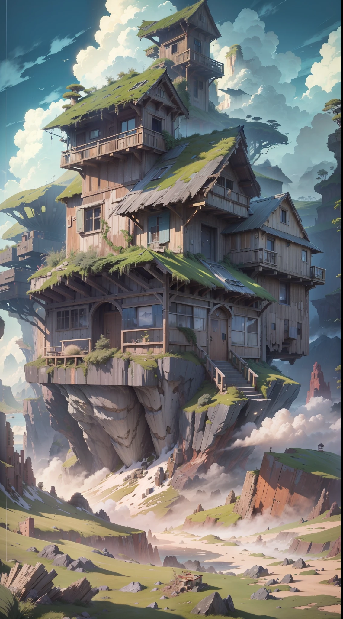 howl, landscape, anime screen cover, nausica, sea of decay, aerial view, (rugged terrain:1.6), (colorful fungal reclaimed houses: 1.5), (buildings buried under sand: 1.7), (spores: 1.6), (gray rain: 1.4), (fluffy bushes: 1.1), (debris: 1.6), wind, cumulonimbus cloud, cirrus, thick silhouette, sharp silhouette, extreme detail, 8K, UHD, Fujifilm X3, film grain,