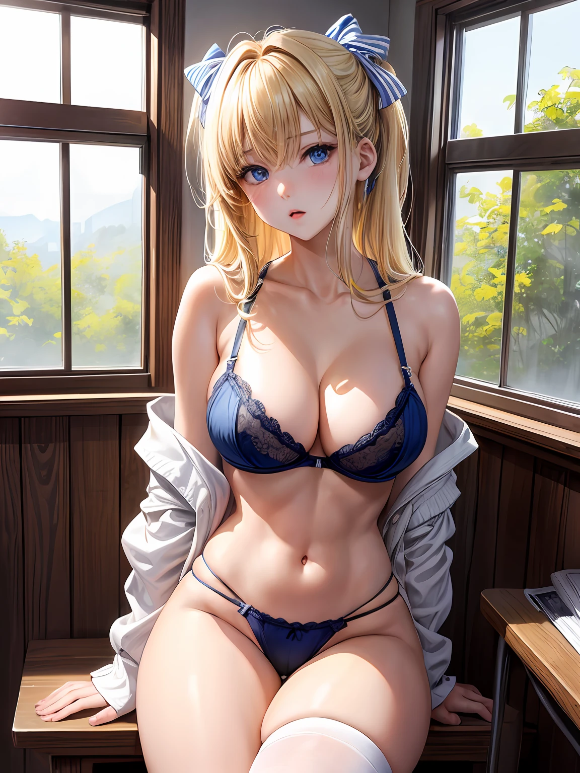 (thighs thighs thighs thighs:1.5)、beautiful curves、Enhanced by the best shadows and realistic lighting、Create breathtaking masterpieces with amazing ray-traced effects。huge-breasted、face perfect、luslous skin、And beautiful eyes。embarrassed from、panties small、‎Classroom、hi-school girl、Opening legs、with spreading legs、Panties that dig into the crotch、a blond、blue eyess、Exposed cleavage、Small Bra、