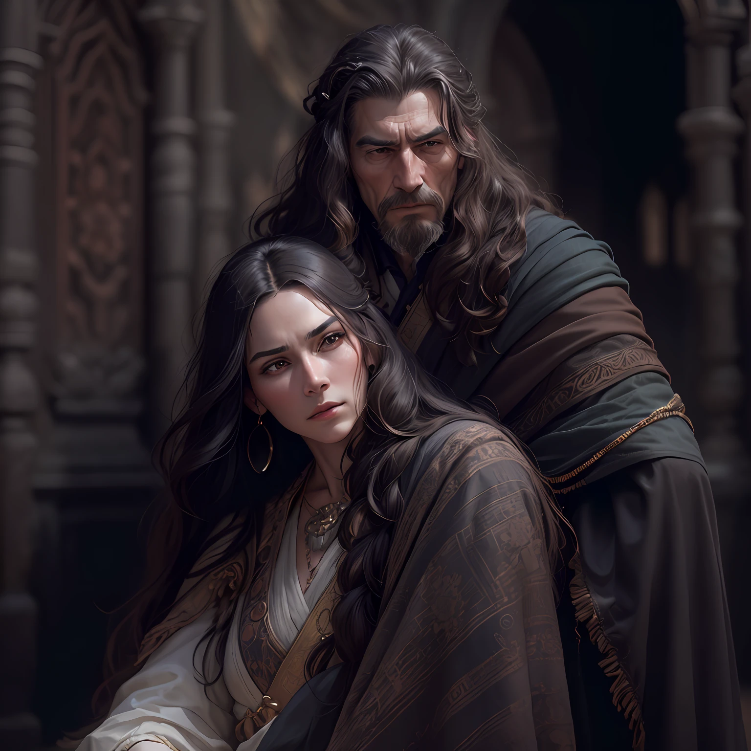 Duo of a woman and a man, side-view, Hi-Def, ultradetail, European facial features, realeme fentezi, Pattern, portraite of a, side glance: woman's, 56 years old, dark brown long hair, dark eyes, Frowning, A fighting look into the distance, dressed in an old shabby gray cloak,Beautiful handkerchief, wrapped around her head, Hands raised up, Clarity: 8 months, scenery: side view Huge throne room with large windows, A 56-year-old woman in an old cloak stands near a throne, Ao fundo, Near the throne, A man hugs a woman by the shoulders, Rear side view: A man hugs a woman by the shoulders, Standing behind the throne of steam (((male)), fashion photography, (Full portrait), (half), 独奏, Detailed background, Detailed Face, (stonepunkAI, Stone theme:1.1), wise, (beautiful hair, braid: 0.2), shaman, The partition is harsh, mysterious, (Gorgeous face), Stunning, The head is tilted upwards, (calm expression on his face), Calm, Intimate Interaction. detailed clothes, realistic skin texture, Clear Focus, voluminous lighting, Good moments, Good shadows, sub-surface Scattering, Complex, Highly detailed, ((film)), dramatic, (Highest Quality, Award-winning, Masterpiece: 1.5), (Realism)