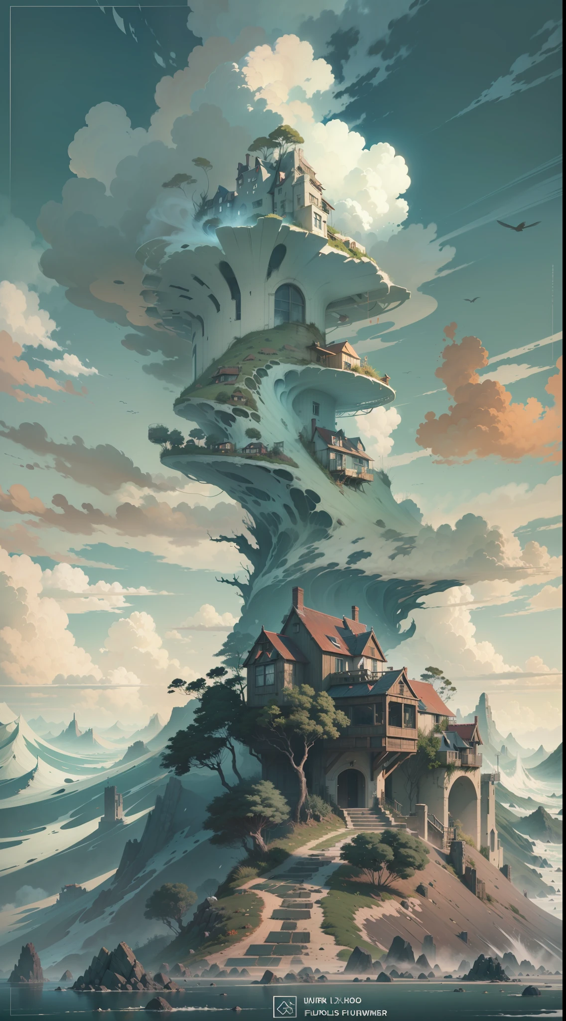 howl, landscape, anime screen cover, nausica, sea of decay, aerial view, (rugged terrain:1.6), (colorful fungal reclaimed houses: 1.5), (buildings buried under sand: 1.7), (spores: 1.6), (gray rain: 1.4), (fluffy bushes: 1.1), (debris: 1.6), wind, cumulonimbus cloud, cirrus, thick silhouette, sharp silhouette, extreme detail, 8K, UHD, Fujifilm X3, film grain,