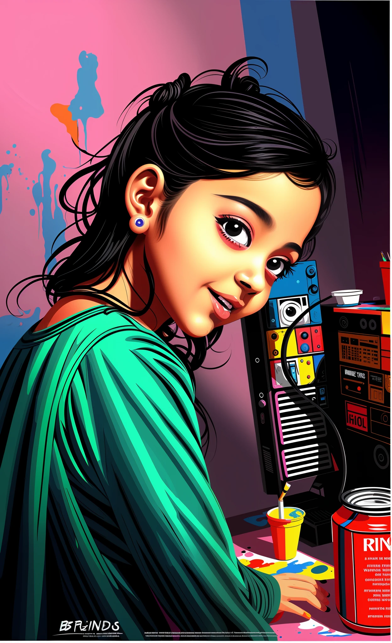 painting of a ***********, Btflindngds, brown eyes, Indian, vibrant and bold pop art with high contrast colors, dynamic composition, and exaggerated details