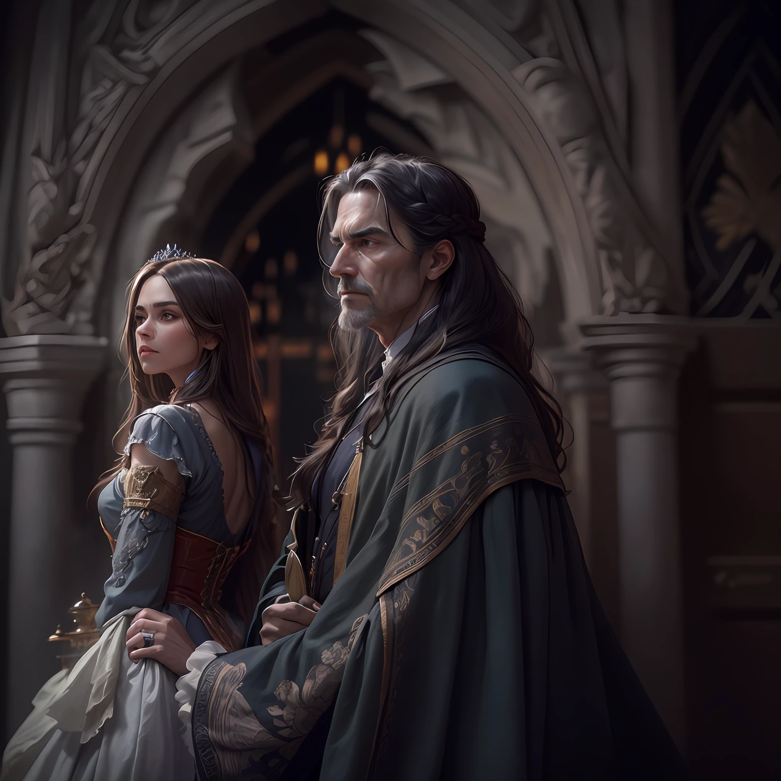 Duo of a woman and a man, side-view, Hi-Def, ultradetail, European facial features, realeme fentezi, Pattern, portraite of a, side glance: woman's, 56 years old, dark brown long hair, dark eyes, Frowning, A fighting look into the distance, dressed in an old shabby gray cloak,Beautiful handkerchief, wrapped around her head, Hands raised up, Clarity: 8 months, scenery: side view Huge throne room with large windows, A 56-year-old woman in an old cloak stands near a throne, Ao fundo, Near the throne, A man hugs a woman by the shoulders, Rear side view: A man hugs a woman by the shoulders, Standing behind the throne of steam (((male)), fashion photography, (Full portrait), (half), 独奏, Detailed background, Detailed Face, (stonepunkAI, Stone theme:1.1), wise, (beautiful hair, braid: 0.2), shaman, The partition is harsh, mysterious, (Gorgeous face), Stunning, The head is tilted upwards, (calm expression on his face), Calm, Intimate Interaction. detailed clothes, realistic skin texture, Clear Focus, voluminous lighting, Good moments, Good shadows, sub-surface Scattering, Complex, Highly detailed, ((film)), dramatic, (Highest Quality, Award-winning, Masterpiece: 1.5), (Realism)