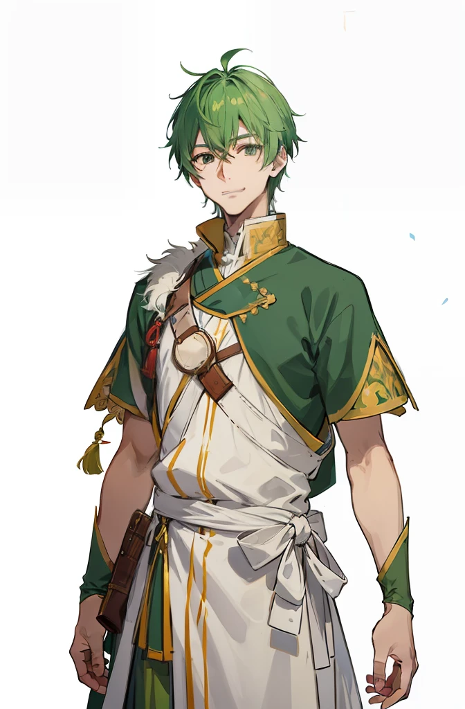 Anime screenshot 28-year-old man with green mohawked short hair in medieval European cloth costume、He looks at us with a very big smile。Fine line art 2020s anime