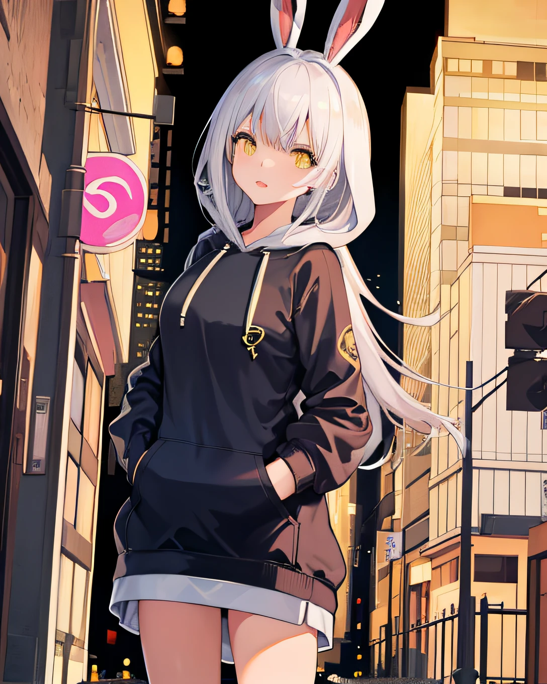 1girll,standing,Outdoors,street, Yellow_Eyes, Rabbit ears,Outdoors,street,Cityscape, (Hoodie:1.4),Cowboy shot,