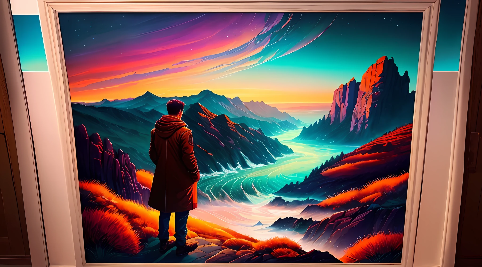 Craft a mesmerizing scene that deeply connects with the viewer, evoking a range of emotions and leaving an indelible impact without relying on words. Use a vibrant and contrasting color palette to intensify the visual impact. Depict a solitary figure standing at the edge of a breathtaking cliff, overlooking a vast and awe-inspiring landscape. Let the figure's posture and facial expression convey a mixture of awe, contemplation, and a hint of melancholy. Surround the scene with elements of nature, such as swirling clouds, distant mountains, or a cascading waterfall, to enhance the immersive experience. Infuse the atmosphere with a touch of magic or mystery, perhaps through subtle glowing orbs or ethereal light. Allow the composition and details of the scene to captivate the viewer and invite them on an emotional journey that lingers in their thoughts long after they've seen the artwork., intricate, masterpiece, expert, insanely detailed, 4k, composition, framing, centered, symmetry, painted, intricate, volumetric lighting, beautiful, rich deep colors masterpiece, sharp focus, ultra detailed, in the style of dan mumford and marc simonetti, astrophotography