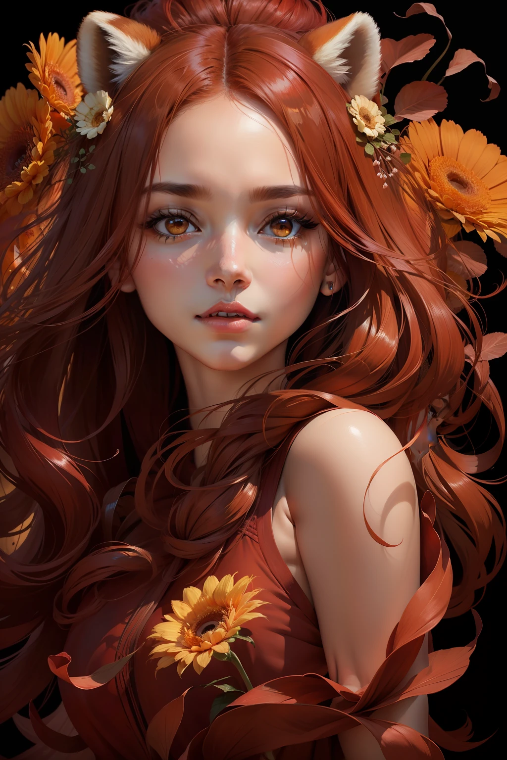 red panda girl Generate a striking image of an elegant red panda with flowing chestnut hair, facing forward. In the composition, a single vibrant gerbera flower is precisely placed in front of her face, delicately covering her features. The flower's intricate details and vivid colors add to the allure and mystery of the scene, leaving the viewer captivated by the beauty and elegance of the woman behind the enchanting gerbera floral veil