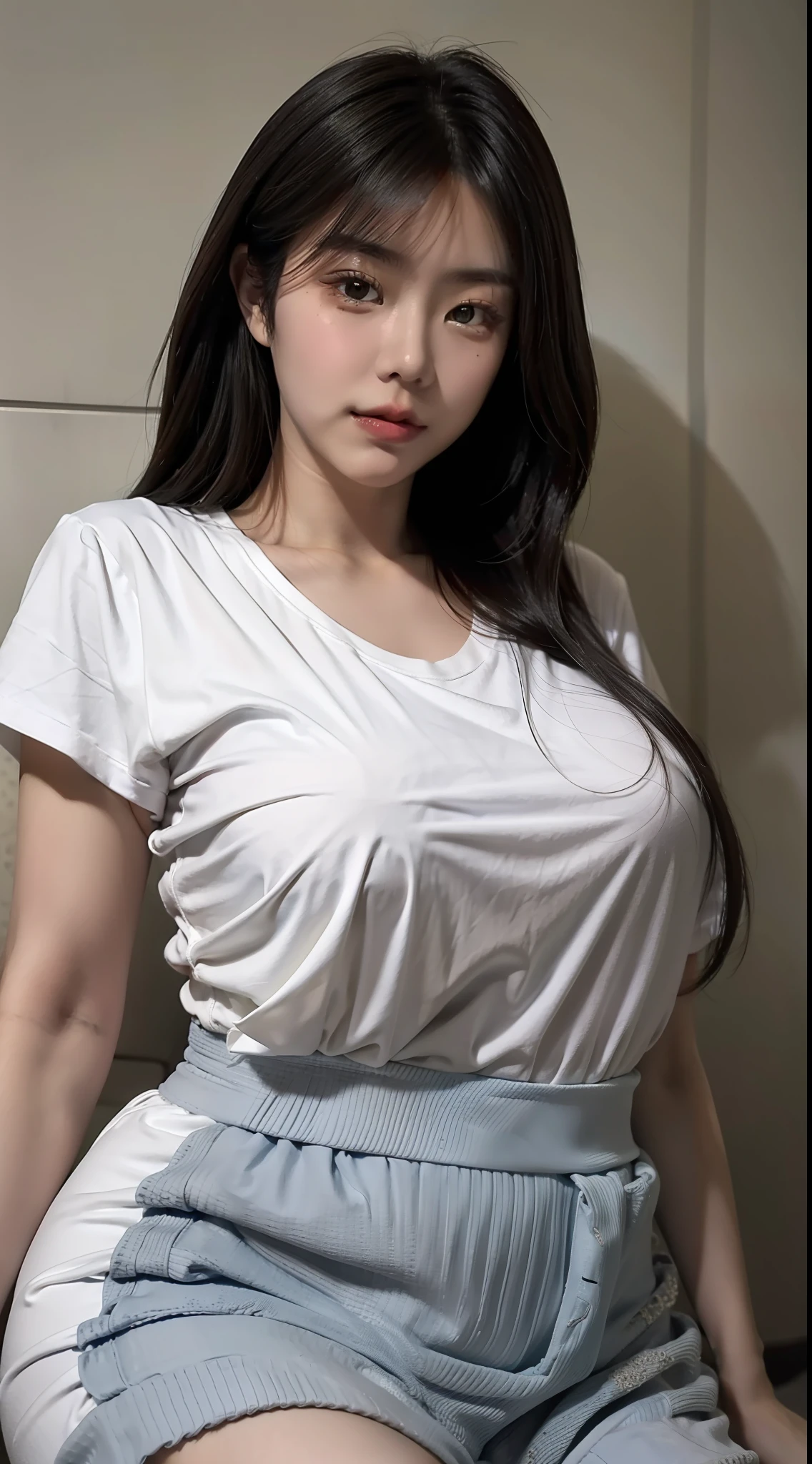 A Chinese woman on the background wall, fluffy hair, delicate face, bright, real girl, large aperture, wearing a white T-shirt dress, macro shooting, plump, slightly fat, very plump, sexy, looking at you, good-looking eyes,