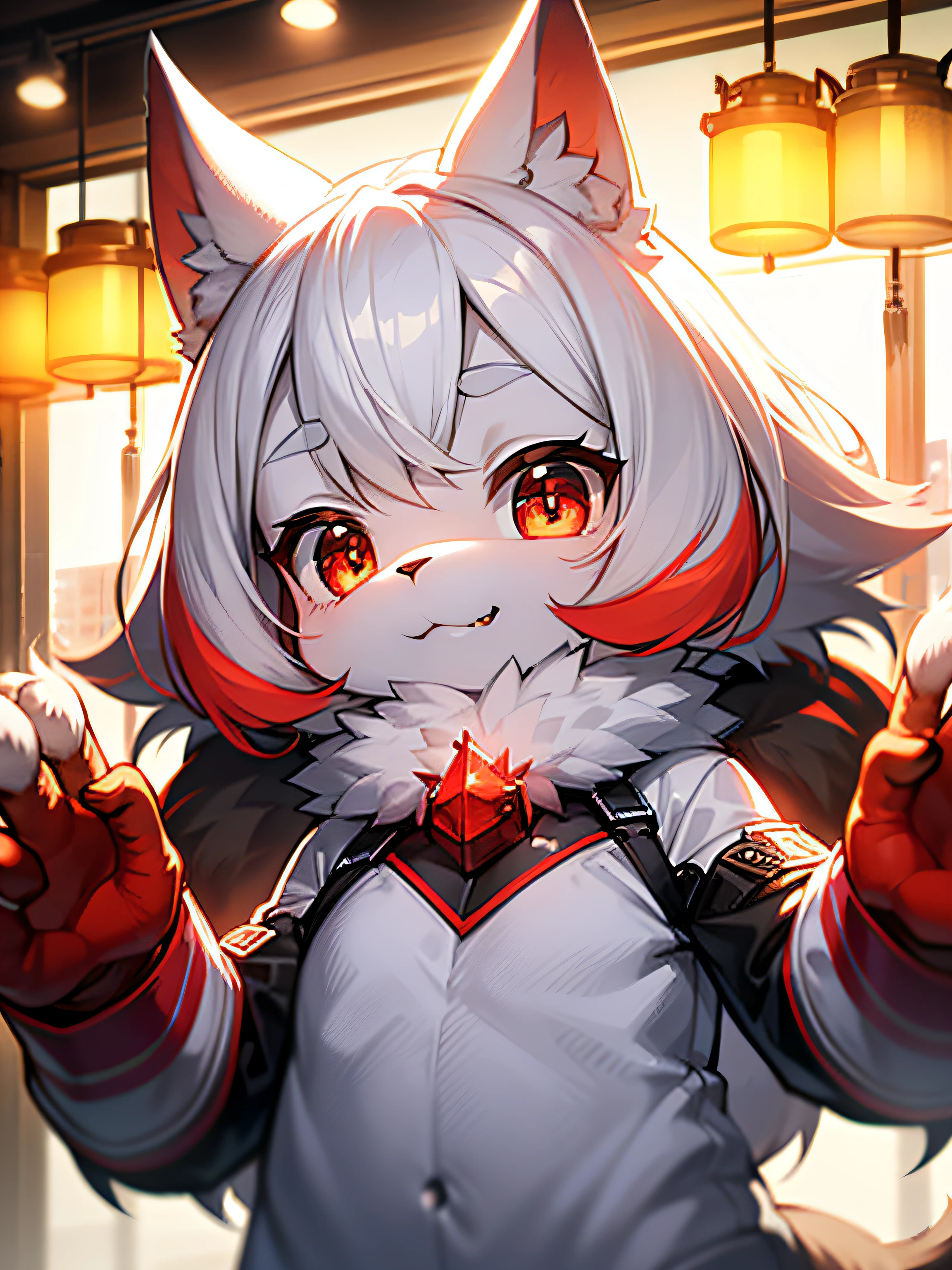 hairy pubic,White fur,hyper cute face,Red element on fur,Beautiful lights and shadows,ambient lights,Ultra-fine fur,volumettic light,