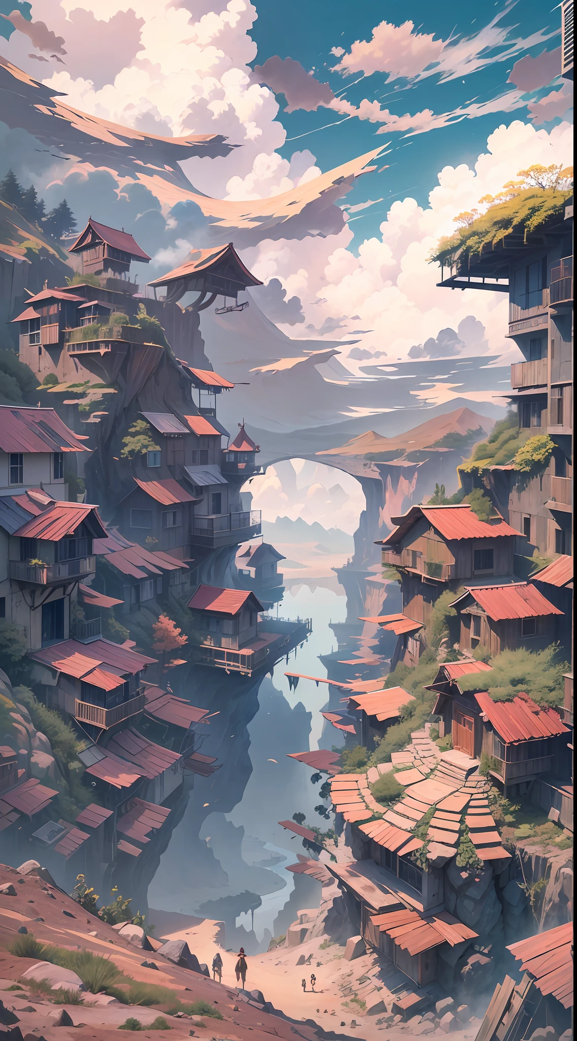 howl, landscape, anime screen cover, nausica, sea of decay, aerial view, (rugged terrain:1.6), (colorful fungal reclaimed houses: 1.5), (buildings buried under sand: 1.7), (spores: 1.6), (gray rain: 1.4), (fluffy bushes: 1.1), (debris: 1.6), wind, cumulonimbus cloud, cirrus, thick silhouette, sharp silhouette, extreme detail, 8K, UHD, Fujifilm X3, film grain,