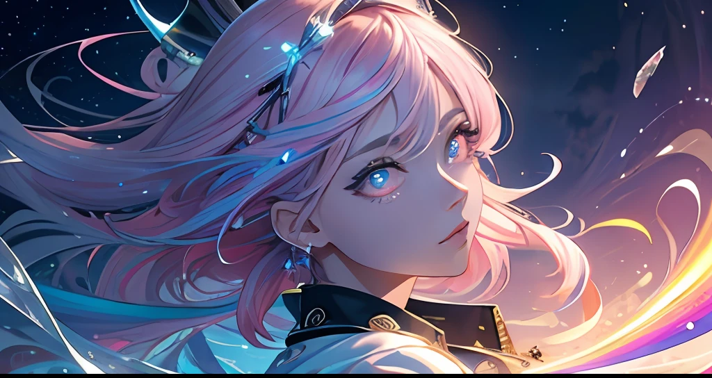 (masterpiece, top quality, best quality,watercolor )(medium),official art, beautiful and aesthetic:1.2),(1girl:1.3), (fractal art:1.3),upper body, from side, looking at viewer,patterns,(rainbow color Hair,colorful hair,half blue and half pink hair:1.2),water,liquid, cloud,colorful, starry,stars,close-up, big eyes, eyes, complex eyes, unique pupils, unusual pupils,starry sky, stars in the background, shining halo,((ultra detail retina:1.5)),embarassed, (midriff),((ultra detail eyes:1.5)),((extremely detailed CG unity 8k wallpaper,masterpiece, best quality)), ((ultra-detailed:1.2)),(best illumination, best shadow, an extremely delicate and beautiful),(extremely detailed CG unity 8k wallpaper,masterpiece, best quality, ultra-detailed),(best illumination, best shadow, an extremely delicate and beautiful),(perfect body: 1.5)