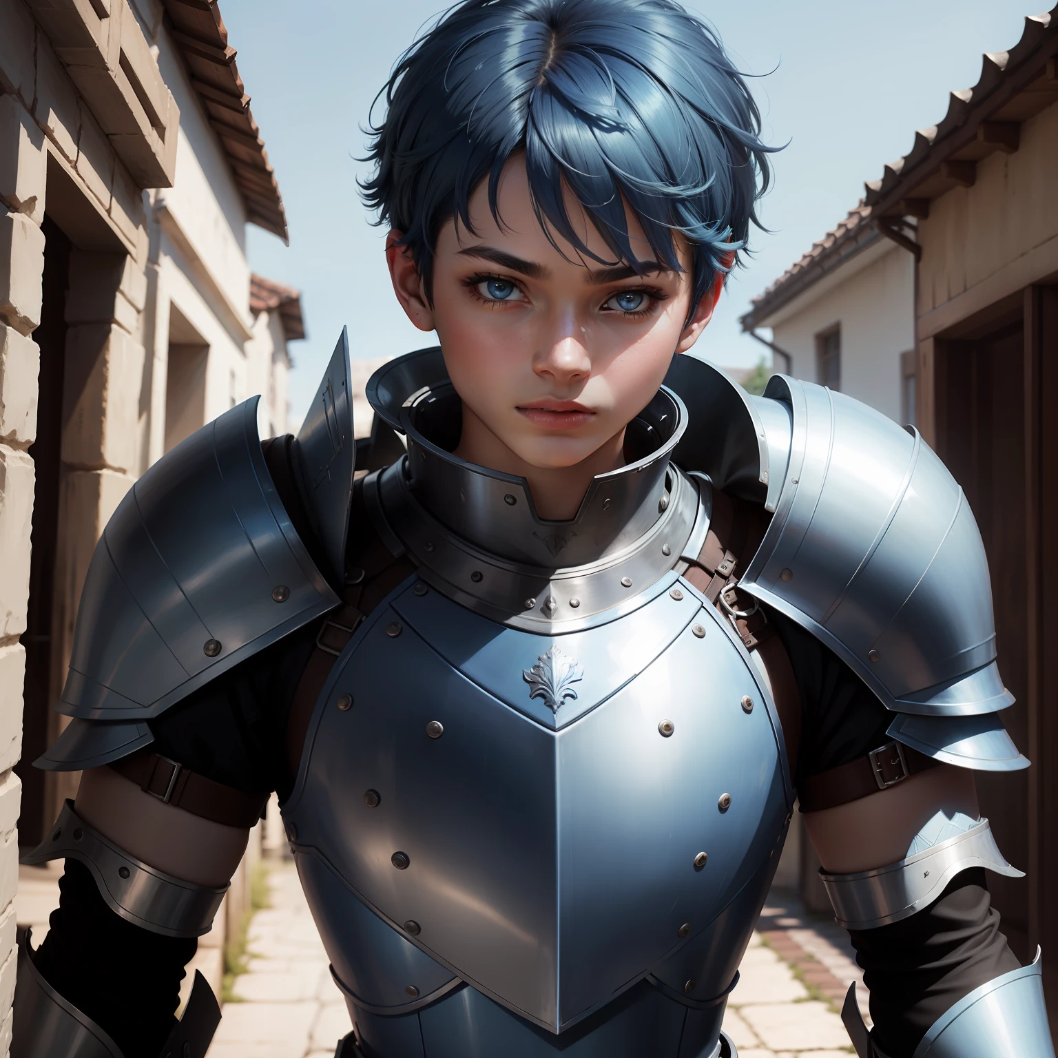 blue short hair，femele，18yr old，armor