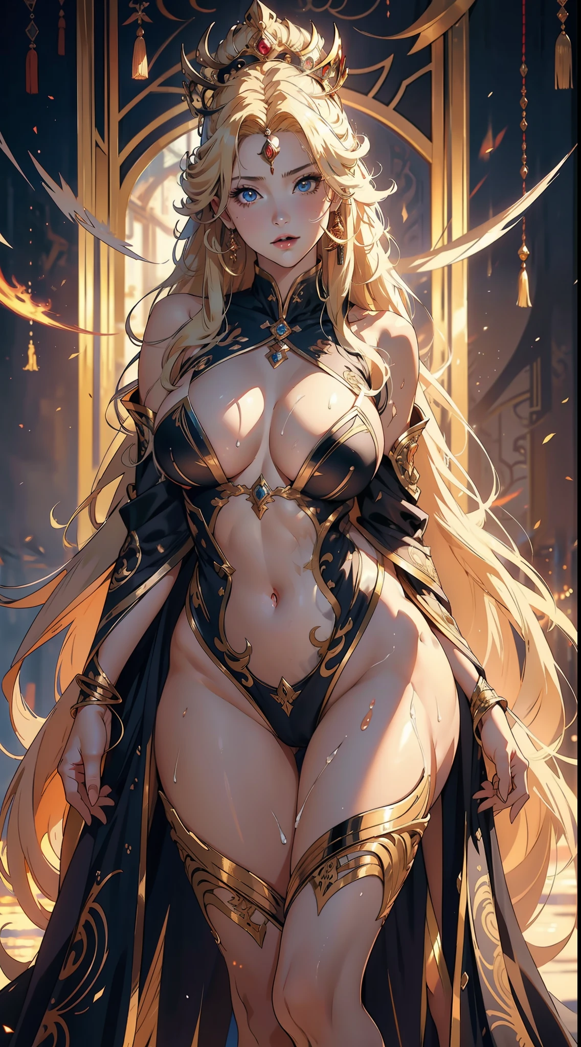 1female,36 years old,Huge breasts, 独奏, tiara crown, Pornographic exposure,Wearing gold armor,Saint Seiya,shairband,coniferous forest, She has long flowing hair, Bare genitalia, standing on your feet,Bigchest,Wet straight hair,Sweat profusely,drenched all over the body, From the front side, hair straight, mostly cloudy sky,(((tmasterpiece),(Very detailed CG unity 8K wallpaper),best qualtiy,cinmatic lighting,detailed back ground,beatiful detailed eyes,Bright pupils,(Very fine and beautiful),(Beautiful and detailed eye description),ultra - detailed,tmasterpiece,)),facing at camera,A high resolution,ultra - detailed),beautifullegs,very long blonde hair,legs are open,Emotive expressions,Open-mouthed,Chest sagging,nakeness, Bulge,Expose the genitals,revealing breasts,Camel toes,with no underpants,extremely large bosom,Extremely colorful,Most detailed,fully body photo,The face is well lit