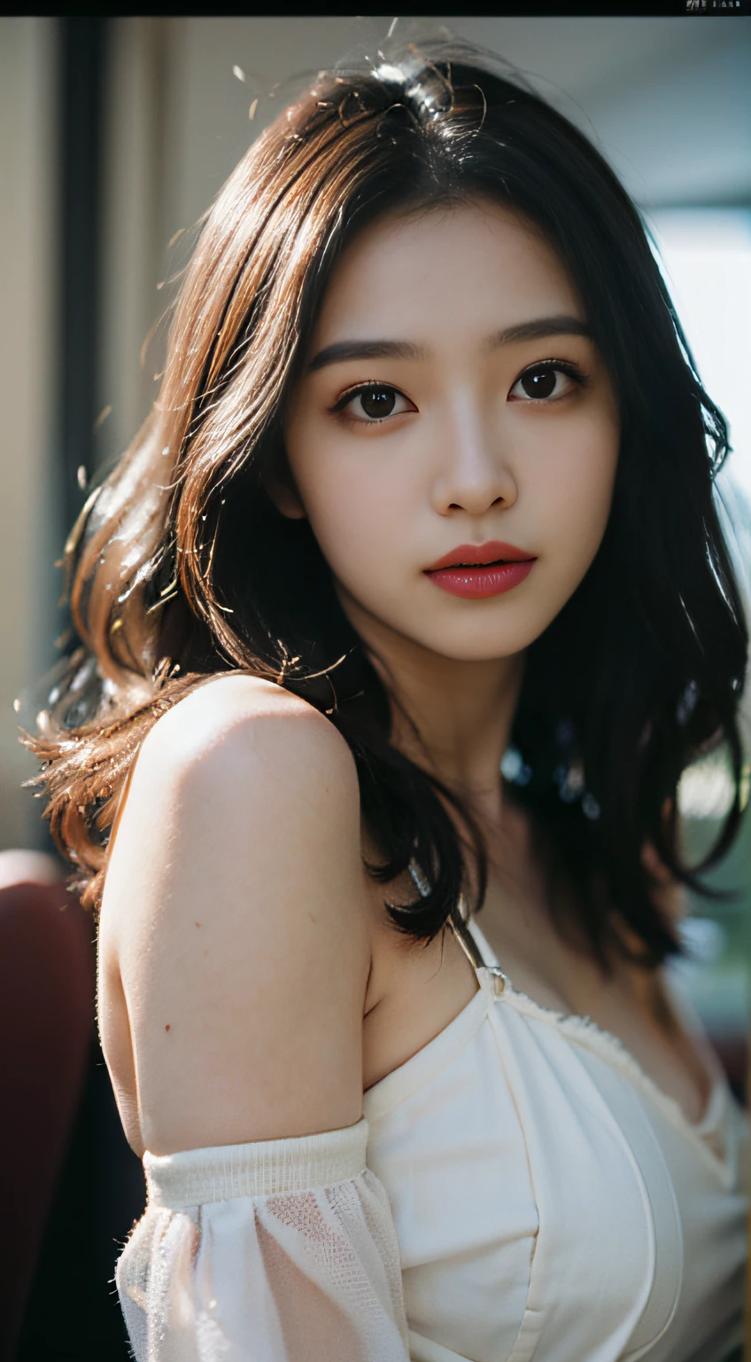 (((Cabin Attendant Costume)))、Film Portrait Photography、1girl in、bare shoulders、wavy shoulder length hair、Calm、Calm、(Realistic detailed eyes、natural skin textures、Realistic face details)、Soft dramatic lighting、depth of fields、bokeh dof、vibrant detail、detaile、A hyper-realistic、35mm Film、Blurring