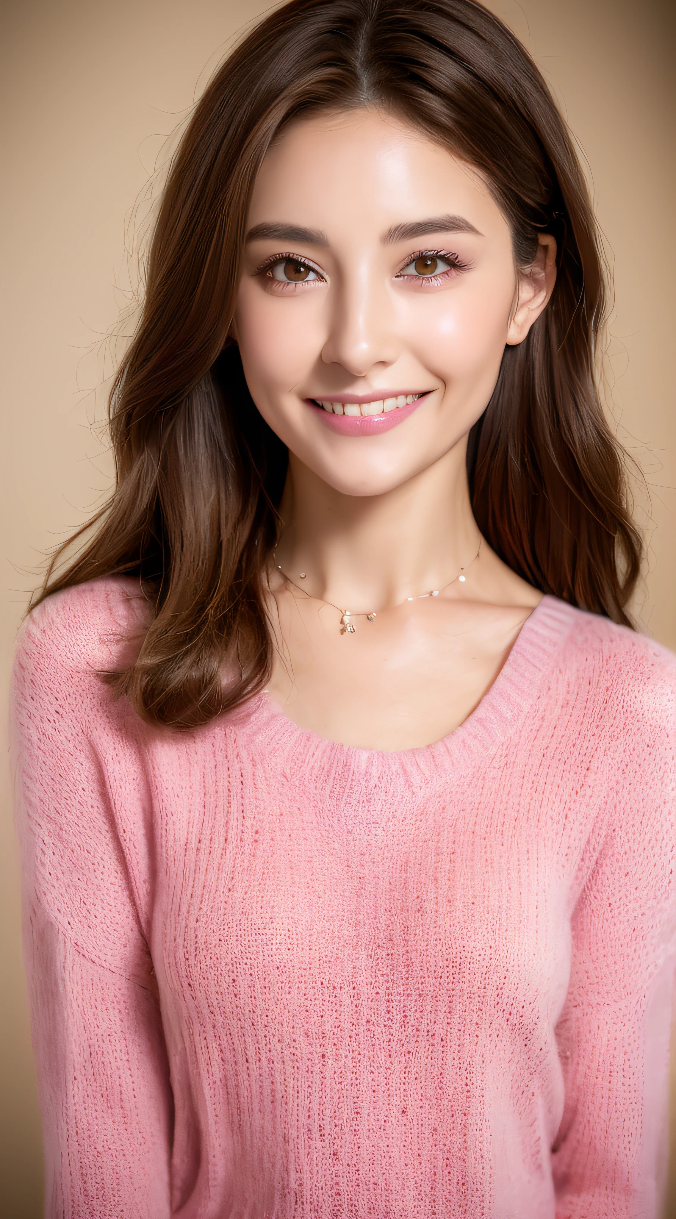 ((Night, Realistic Light, Best Quality, 8K, Masterpiece: 1.3)), 1girl, Slim Beauty: 1.4, Abs: 1.1, (Brown hair, Medium breasts: 1.3), Long pink sweater: 1.1, Bathroom, Super fine face, Delicate eyes, Double eyelids, smile, necklace