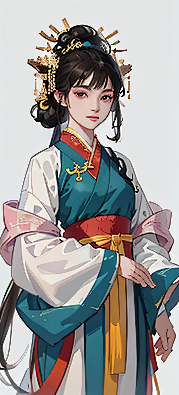 A girl, ancient Chinese costume, whole body, sunshine, clear face, clean white background, masterpiece, super detail, epic composition, ultra HD, high quality, extremely detailed, official art, uniform 8k wallpaper, super detail, 32k