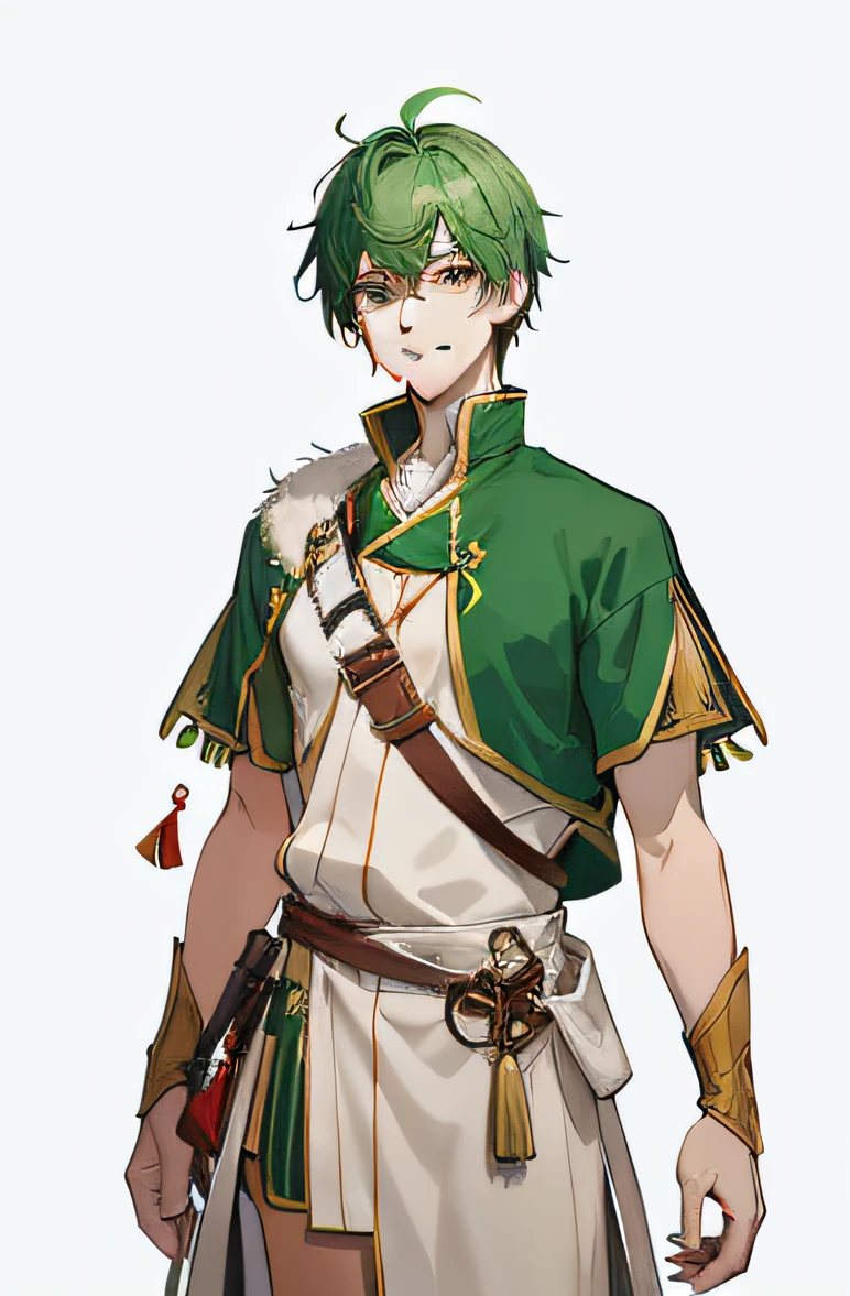 Screenshot of anime 28-year-old man with short hair with green mohawk cutting in medieval European cloth costume、He looks at us with a very big smile。Fine line art 2020s anime
