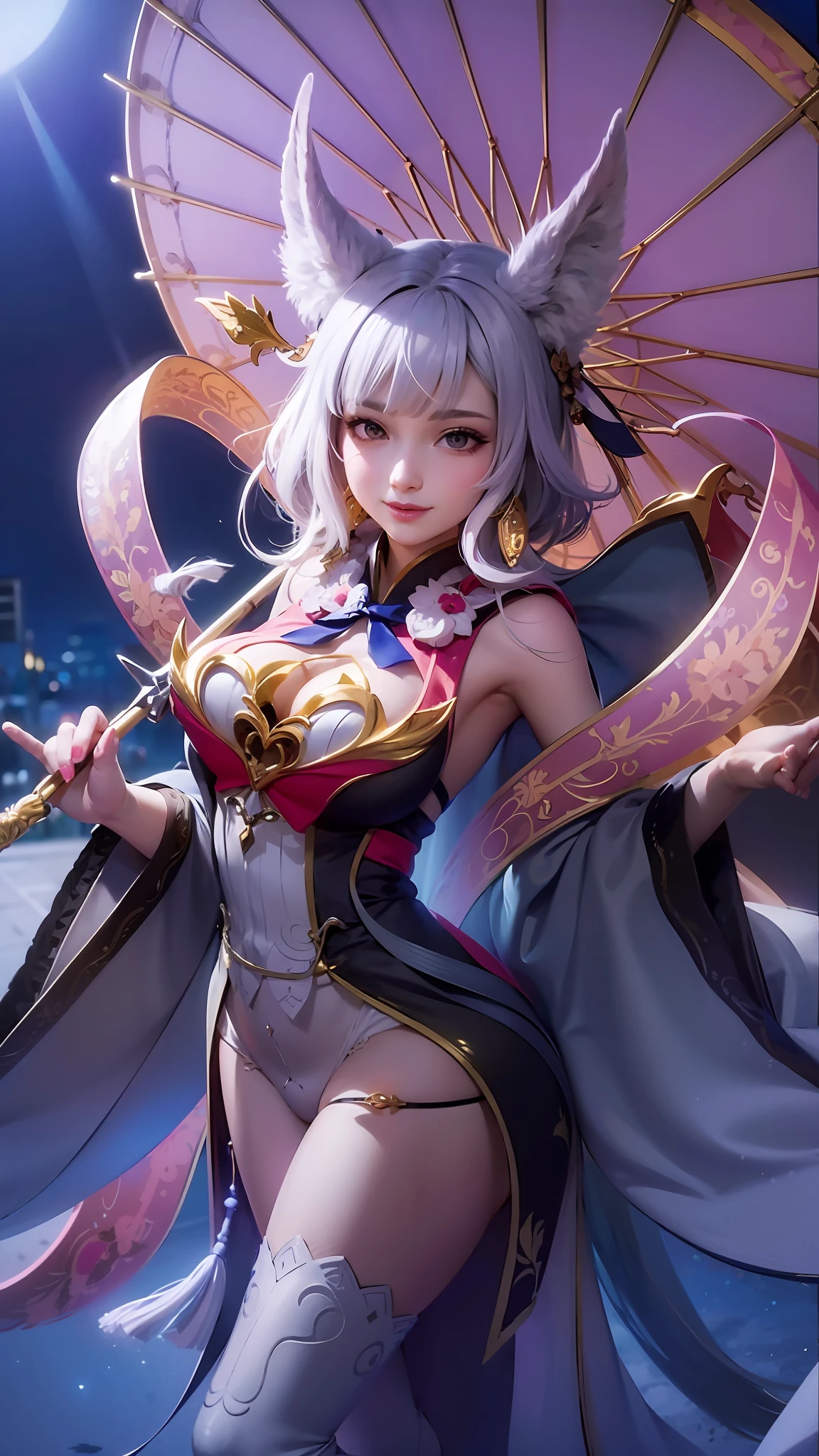 a woman in a costume holding a umbrella and a sword, extremely detailed artgerm, onmyoji detailed art, onmyoji, onmyoji portrait, ig model | artgerm, portrait knights of zodiac girl, ! dream artgerm, artgerm detailed, irelia, white haired deity, keqing from genshin impact, detail color,detail clothes, beautiful face,white skins,Bokeh, detailed fingers,detail hands, white hair detailed, perfect fingers,smile