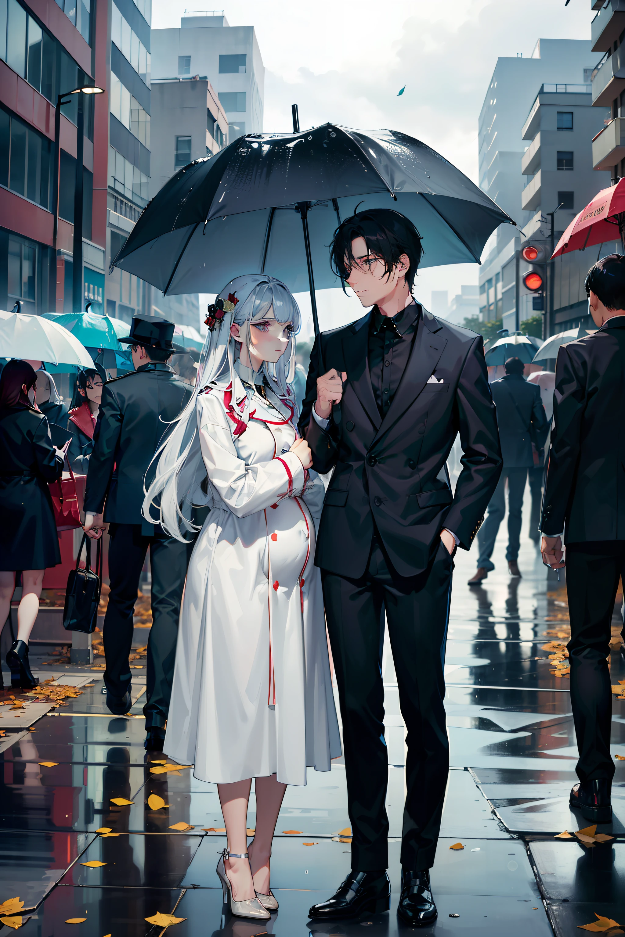 tmasterpiece, best qualtiy,It was a rainy evening,Cold winds swept the fallen leaves and ravaged the city,A man and a woman stand at the entrance of the city maternity and hospital with umbrellas,In the crowd,The woman looked at the man with a slightly pale face