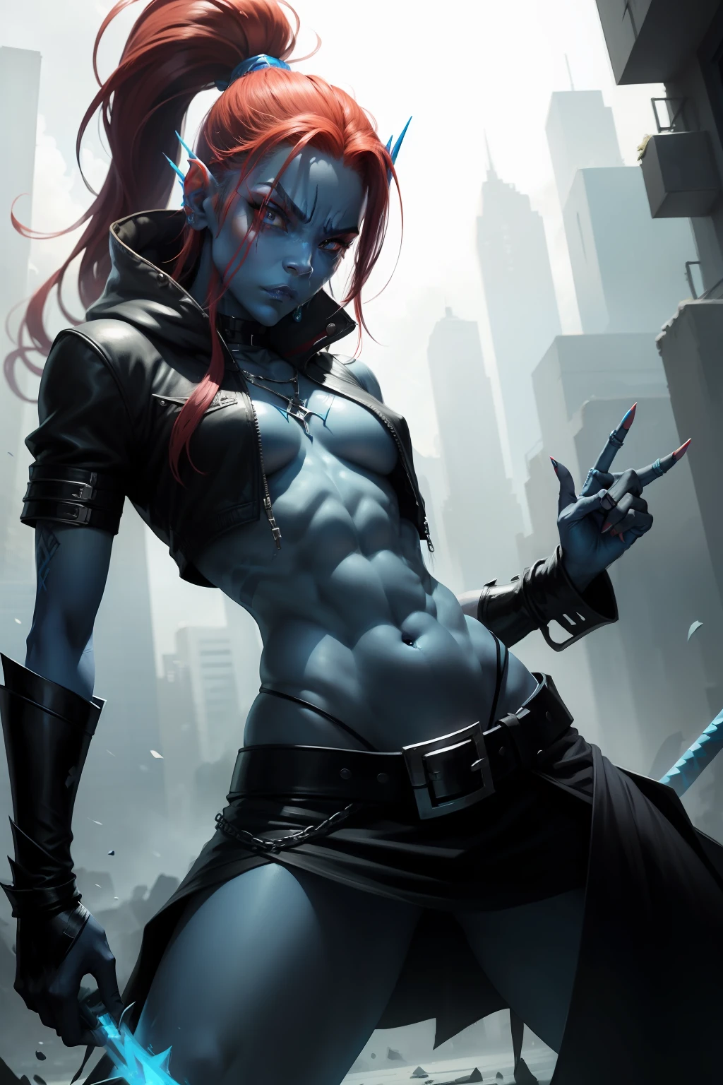 blue skin undyne the undying showcasing her skills with blue spear badass stylish rap gang signs from d a hood, gangsta yo!