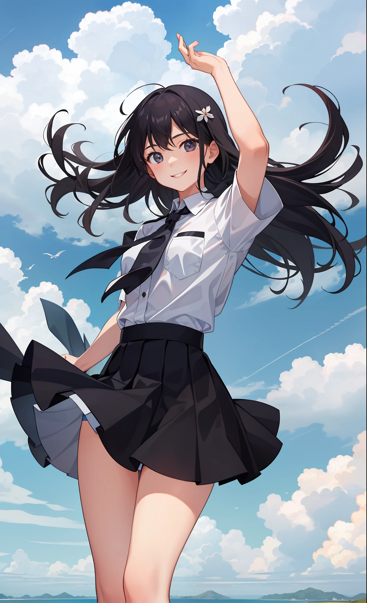 1girl in、A smile、The shirt、skirt by the、(small tits)、Chilarism、movement、the wind、