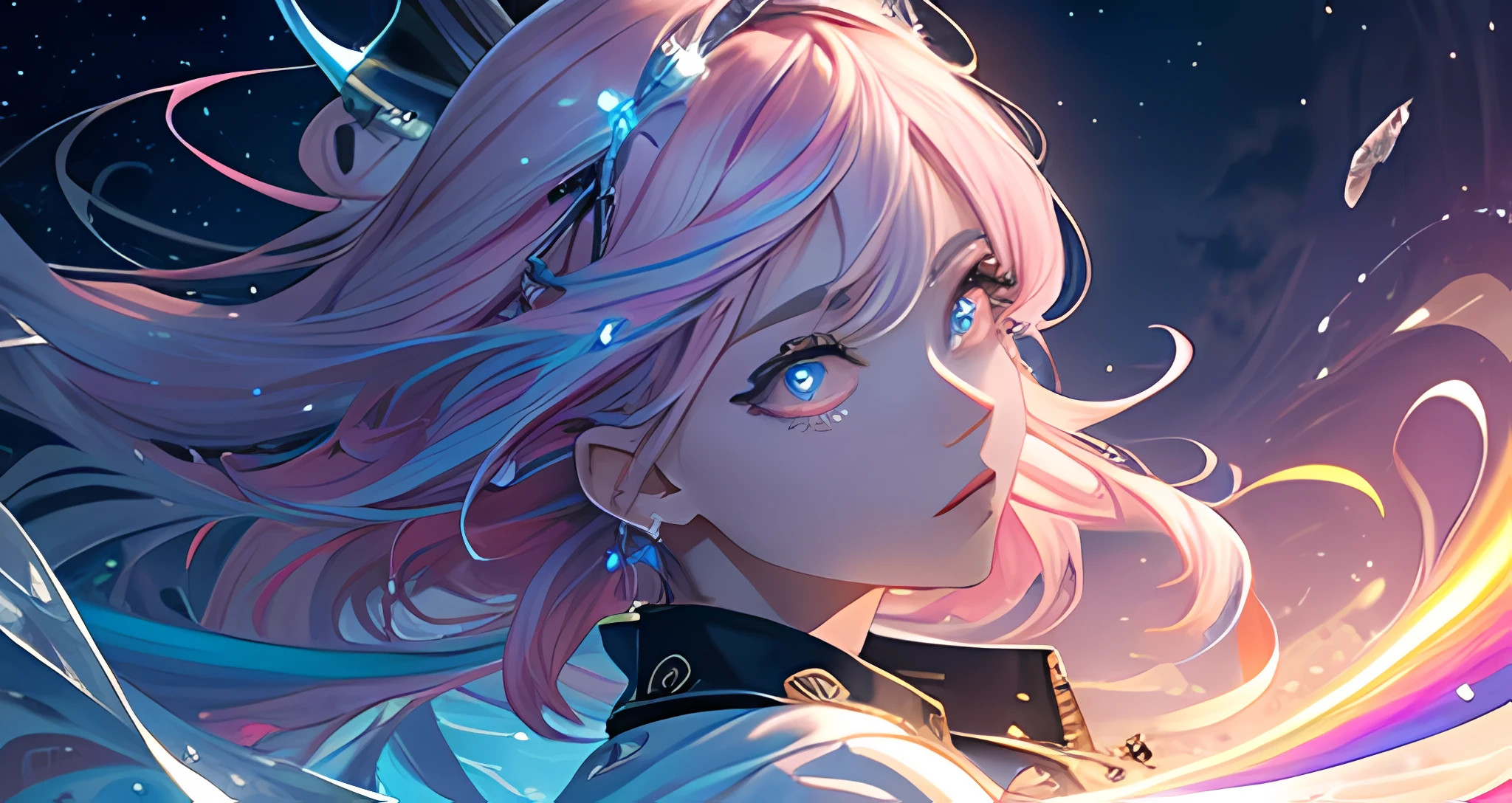 (masterpiece, top quality, best quality,watercolor )(medium),official art, beautiful and aesthetic:1.2),(1girl:1.3), (fractal art:1.3),upper body, from side, looking at viewer,patterns,(rainbow color Hair,colorful hair,half blue and half pink hair:1.2),water,liquid, cloud,colorful, starry,stars,close-up, big eyes, eyes, complex eyes, unique pupils, unusual pupils,starry sky, stars in the background, shining halo,((ultra detail retina:1.5)),embarassed, (midriff),((ultra detail eyes:1.5)),((extremely detailed CG unity 8k wallpaper,masterpiece, best quality)), ((ultra-detailed:1.2)),(best illumination, best shadow, an extremely delicate and beautiful),(extremely detailed CG unity 8k wallpaper,masterpiece, best quality, ultra-detailed),(best illumination, best shadow, an extremely delicate and beautiful),(perfect body: 1.5)