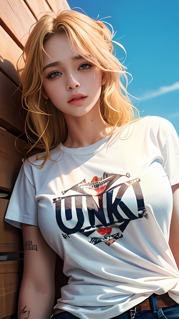 (1girl),large breasts, breasts, tan, dewy skin, sweaty skin, wavy blonde hair, punk tshirt, punk girl