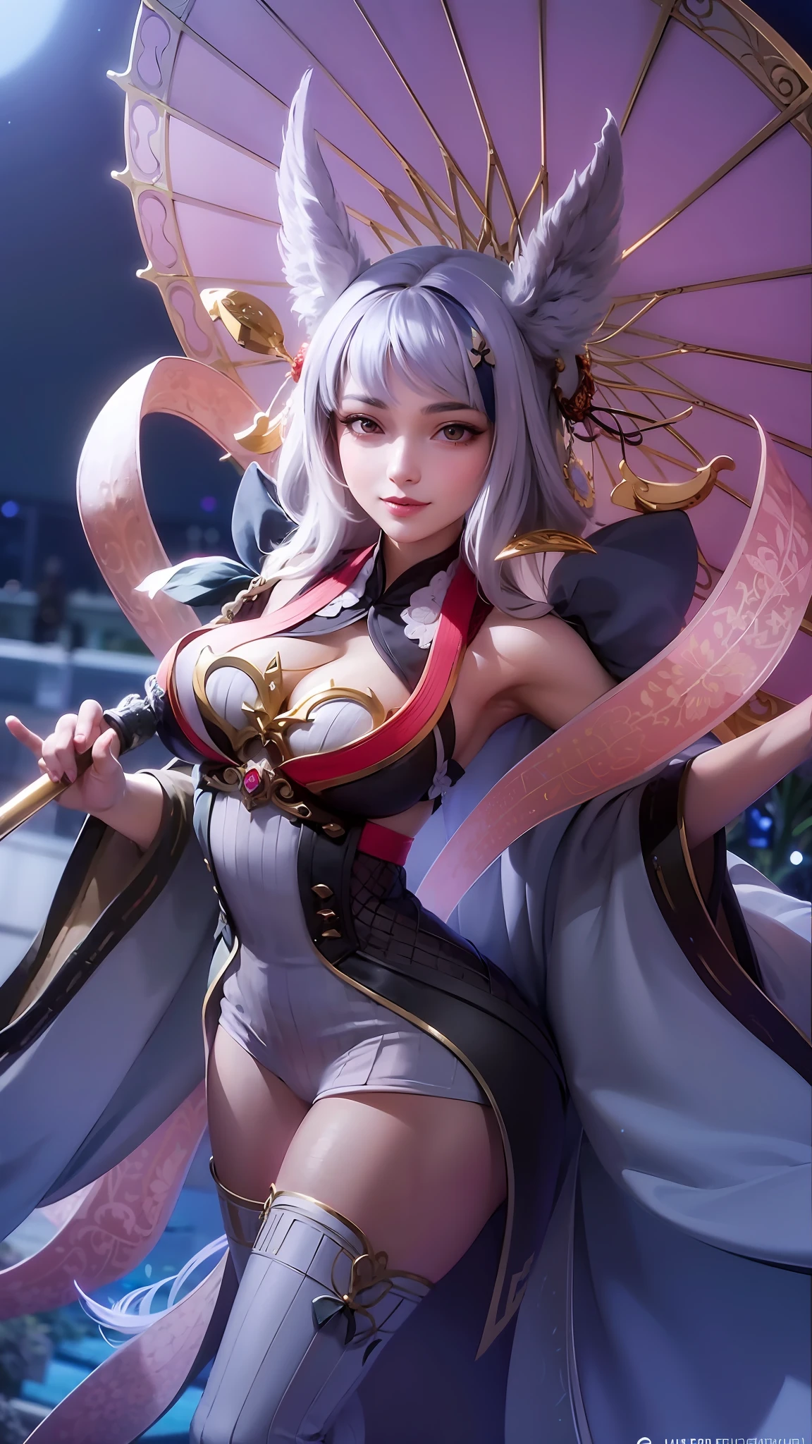 a woman in a costume holding a umbrella and a sword, extremely detailed artgerm, onmyoji detailed art, onmyoji, onmyoji portrait, ig model | artgerm, portrait knights of zodiac girl, ! dream artgerm, artgerm detailed, irelia, white haired deity, keqing from genshin impact, detail color,detail clothes, beautiful face,white skins,Bokeh, detailed fingers,detail hands, white hair detailed, perfect fingers,smile