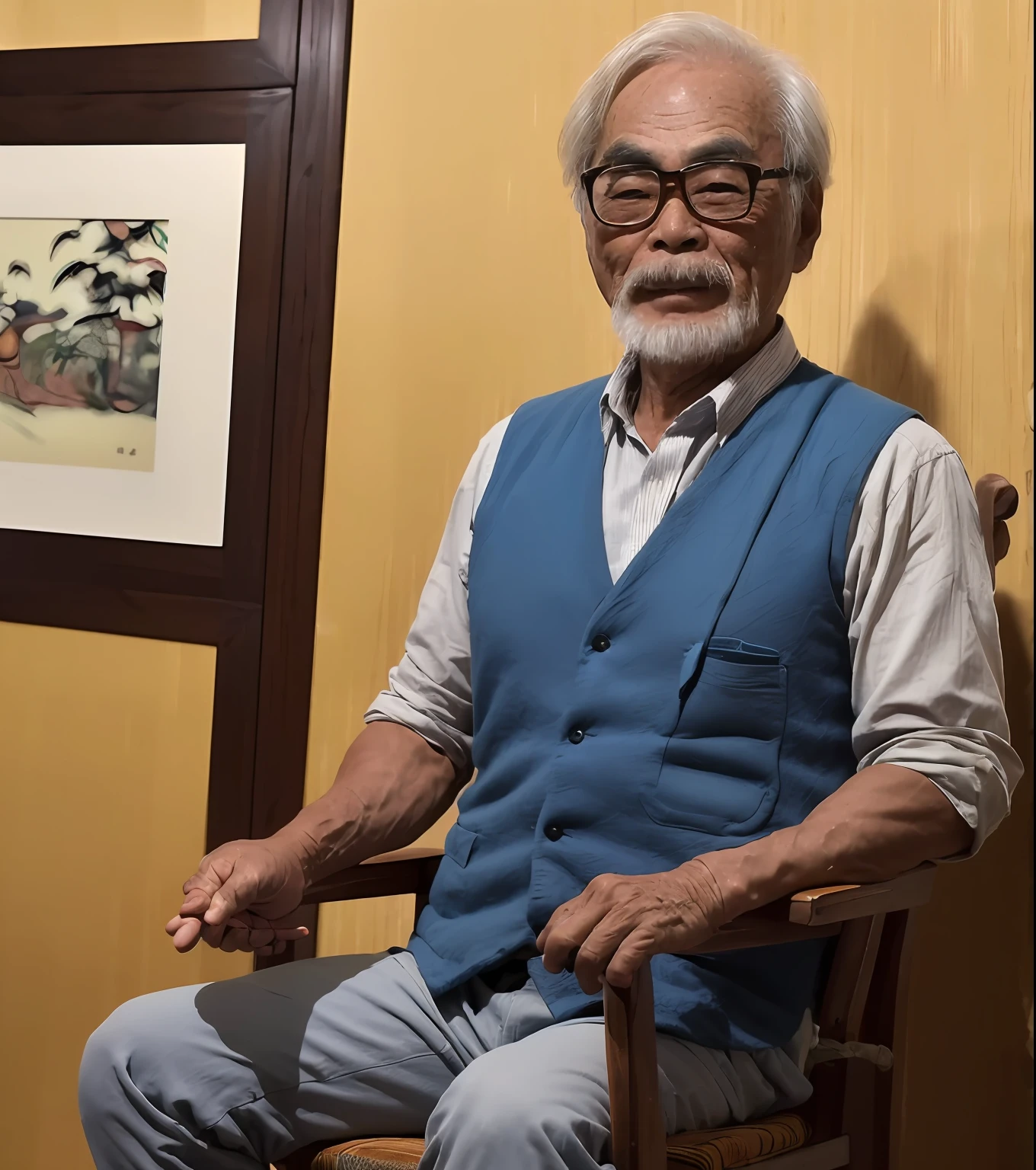 (A medium photo of  gongqijun, oldman), vestindo (camisa marrom vest.babyblue), sentado na cadeira, indoor, lareira no fundo, (obra-prima) (fotorrealista: 1.2) (bokeh) (melhor qualidade) (pele detalhada) (intrincado) (8k) (HDR) (cinematic lighthing) (foco nítido)