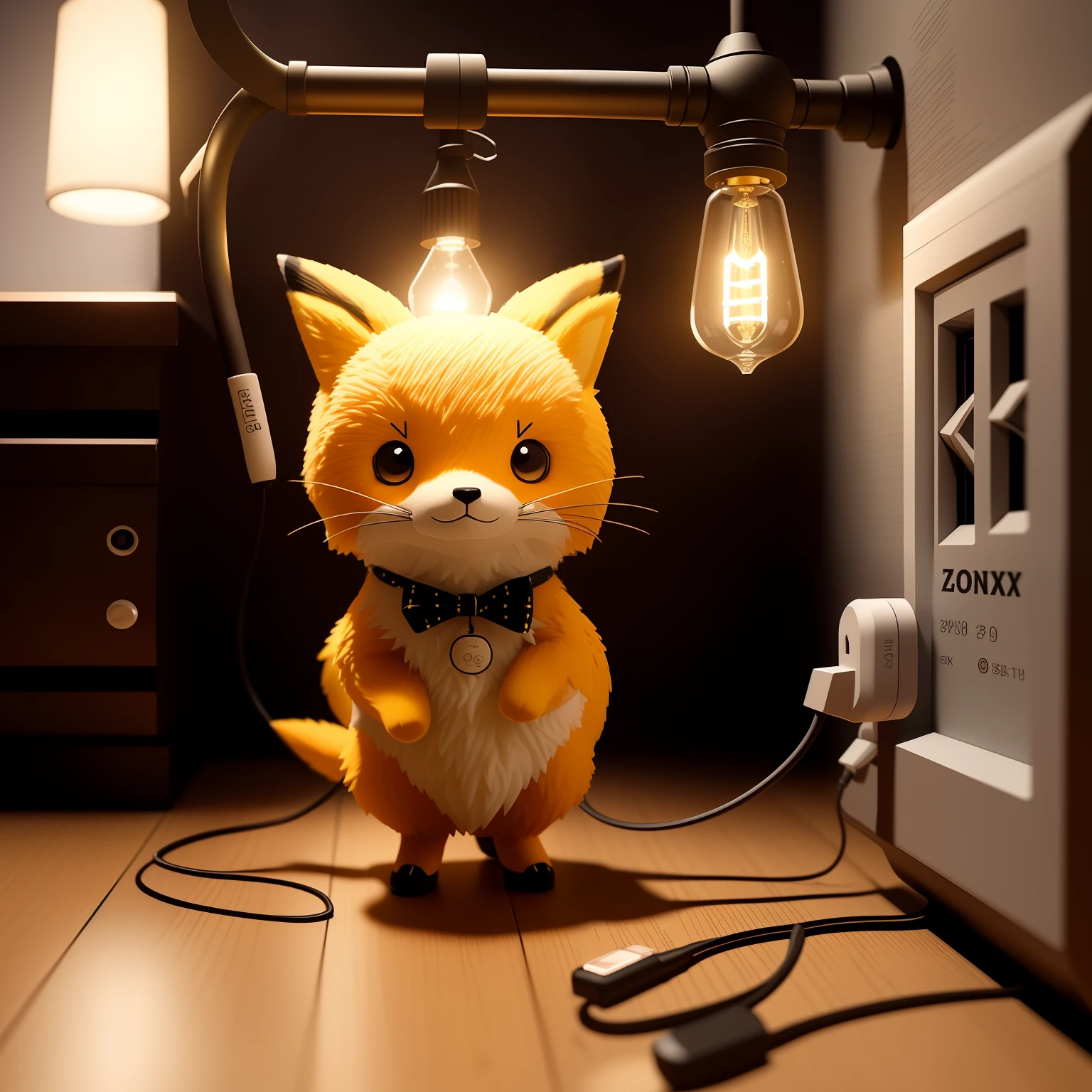 There is a fox sitting at a table with an outlet,Scenery of a fox pointing to an outlet、 Beautiful cute lighting, taken with sony a7r camera, highly detailed soft lighting, shot on sony a 7 iii, captured on canon eos r 6, cute 3d render, it is glowing, taken with sony alpha 9, holding up a night lamp, Isometric Pikachu Figure