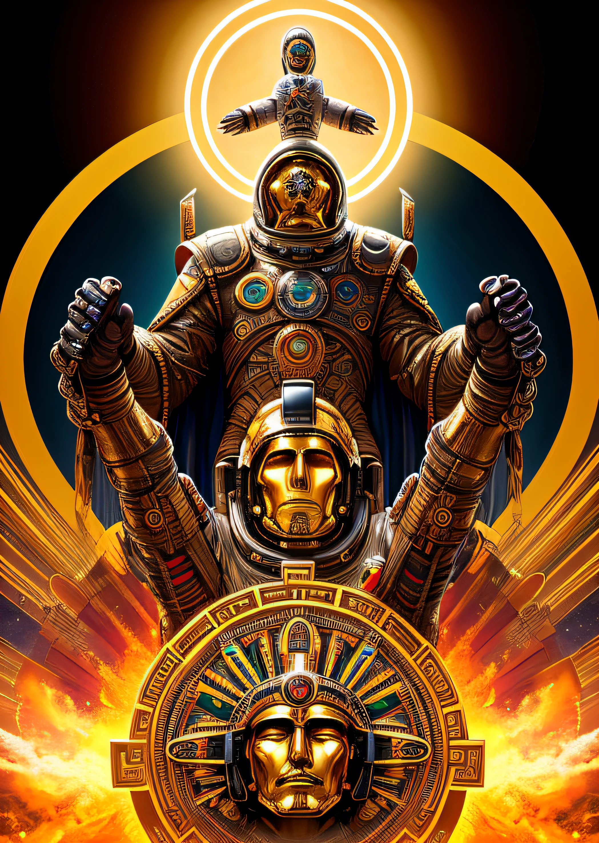 masterpiece, Aztec astronaut mexican man, holy virgin mary behind him, halo over head, heavenly sky, half body, ((divine light)), ethereal, clouds, back lighting, realistic portrait, symmetrical, strong, intricate drawing, highly detailed, digital painting, art station, concept art, fluid, sharp focus, illustration, against heaven's gate, cinematic lighting, works by artgerm and greg rutkowski and alphonse mucha, (surrealsteampunkai:0.5), (shoeai), a baroque style, powerful explosion, A big muscular Mexican Aztec in a astronaut suit, in a circle Versace style abstract graphic design, Gold & Black colors only, logo style. branded logo, high resolution quality, 8K quality