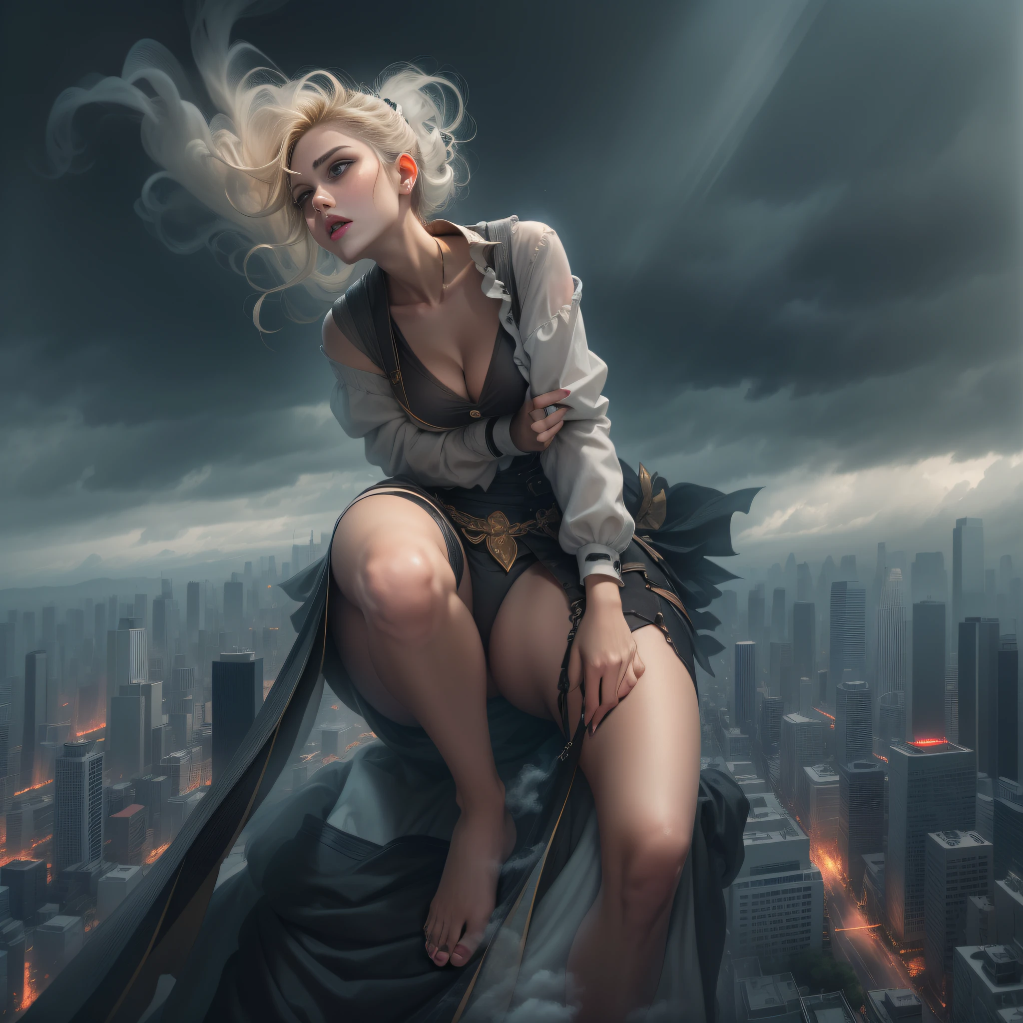 Works of masters，Best image quality，Higher quality，high detal，超高分辨率，1girll，Exquisite facial features，s the perfect face，Glowing skin，The towering giantess wears a tight blouse，shorter pants，Boots on his feet，kneehigh boots，allure：Tall and tall，The blonde，Tall，haughty、Cold，big assa，Plump body，（Thick thighs：1.4），full bodyesbian，The ground is trampled，People fled in all directions，She seems to wander carelessly through the bustling cityscape of GTS City，Towering buildings loom overhead。Smoke and clouds raged around her，Add an epic sense of scale and drama。The lights are dark，Gloomy，Photorealsitic，Creates a tense and ominous atmosphere。The viewing angle is from below，The sheer majesty and power of the giantess is emphasized。