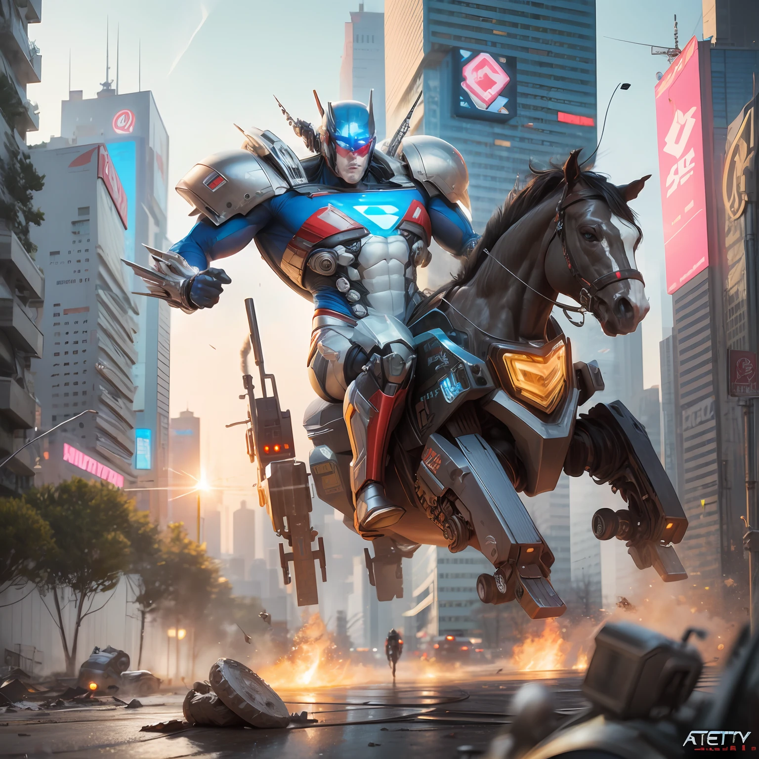 ((cyberpunk))superman riding a mecha horse,detailed broken surface,battle damage,morning light,rim light,twisted energy flow,alien tech,super HD super realistic rendering,camera lens,by atey-ghailan,league of legend concept,heavy make up --ar 2:3 --quality 5.0 --v 4