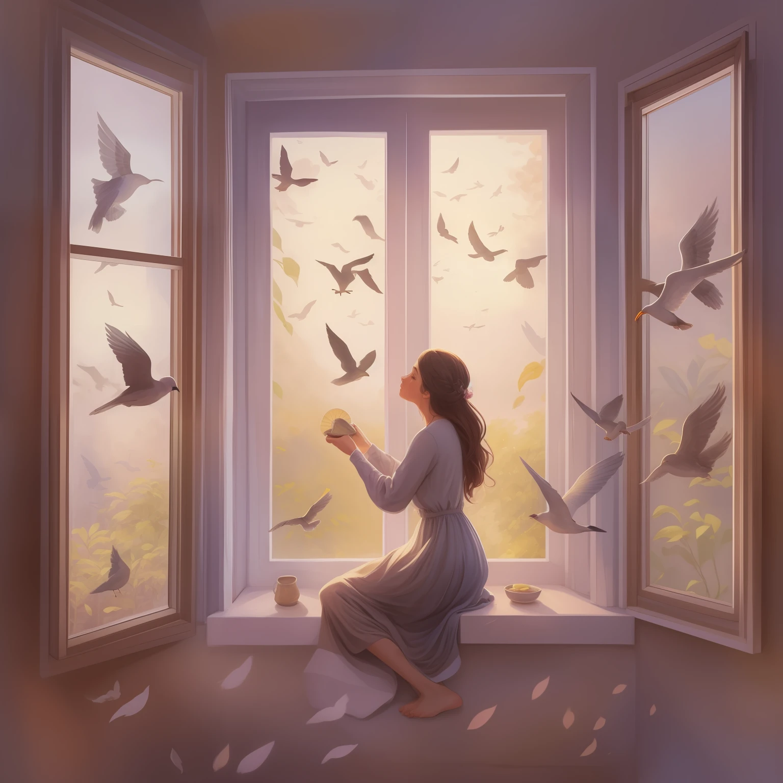 Painting of a woman kneeling in front of a window with birds flying around, near the window, blurry and dreamy illustration, perto de uma janela, dreamy illustration, blurry and dreamy illustration, A ****** no peitoril da janela, pintura de humor, luz da janela, olhando na janela, beautiful lonely girl, luz suave da janela, a beautiful artwork illustration, janela, beautiful illustration