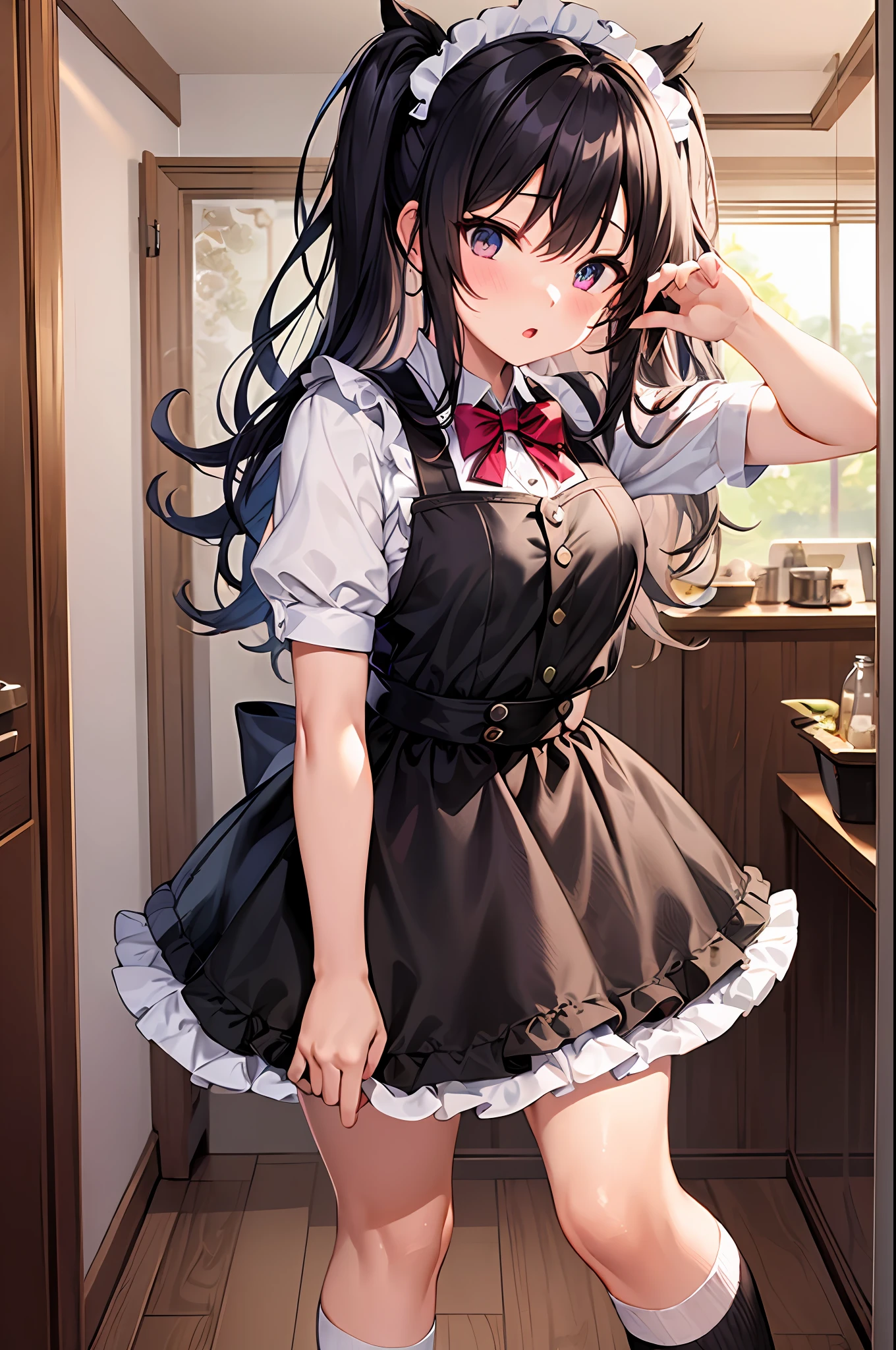 1girl in, [Twin-tailed], Maids, Puzzled face, skirt rift, pantiy, [self lift]