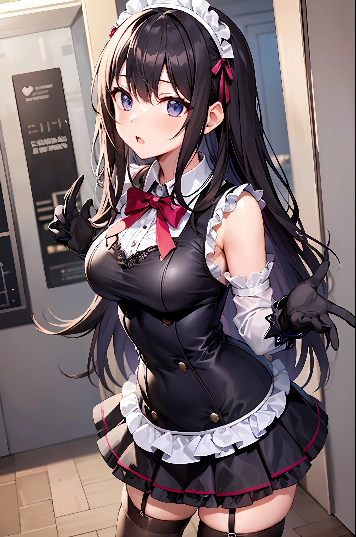 1girl in, [Twin-tailed], Maids, Puzzled face, skirt rift, pantiy, [self lift]