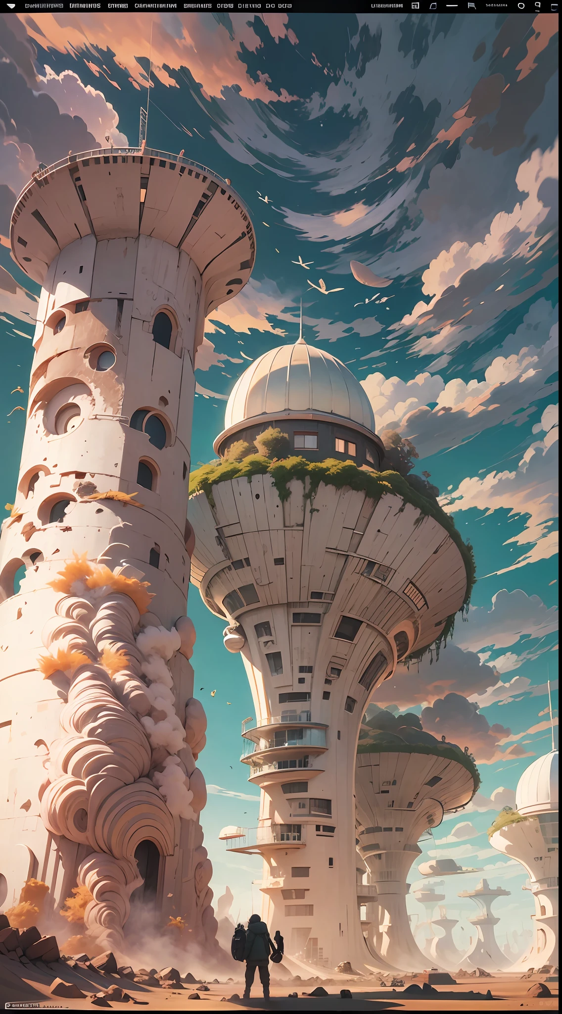 howls, scenecy, anime screencaps, Nausicaa, Sea of Decay, bird's eyes view, (declivity:1.6), (Colorful fungus recycling house:1.5), (Buildings buried under sand:1.7), (spore:1.6), (Ash Rain:1.4), (Fluffy bushes:1.1), (detritos:1.6), Big wind, cumulonimbus clouds, cirrus clouds, thick contours, Sharp silhouette, extremy detailed, 8K, hyper HD, fujifilm x3, filmgrain,