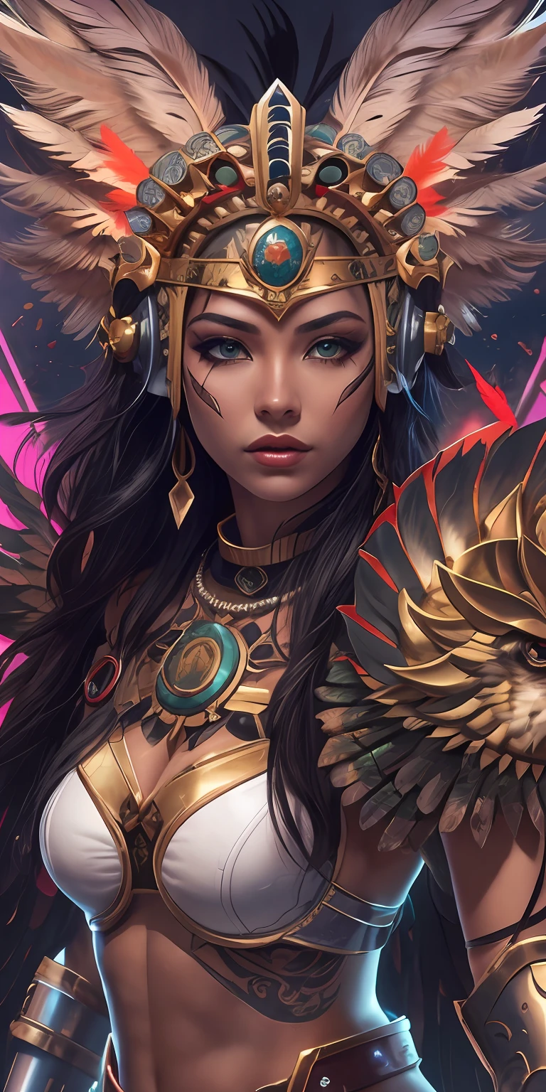 more_details:1.5A n maya girl eagle warrior are fighting naked ( full_body) a feathered snake on the jungle (prehispanic_age) ((the helmet cyberpunk_style has the form of an eagle head with red feathers on top)) ( black hair) ( golden_eyes:1.2) beatiful latin face) ( full detailed face), mayan, beatiful angel, (huge_ wings ) (gold halo) age 30, ((jade_stone and shell armor)) nsfw, perfect_face, perfect hands (tattoo in face) ((full_body:1.6
)) 16k( masterpiece), Realism, panoramic view, anamr, more_details:-1, more_details:0, more_details:0.5, more_details:1, more_details:1.5, solar eclipse Leona,weapon,MFBP1,sword,cyberpunk