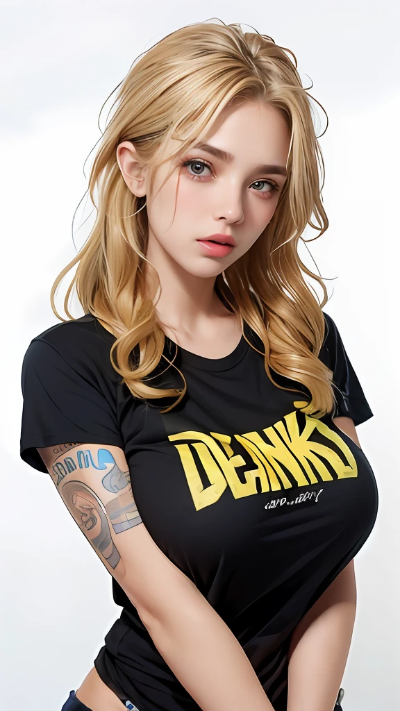 (1girl),large breasts, breasts, tan, dewy skin, sweaty skin, wavy blonde hair, punk tshirt, punk girl