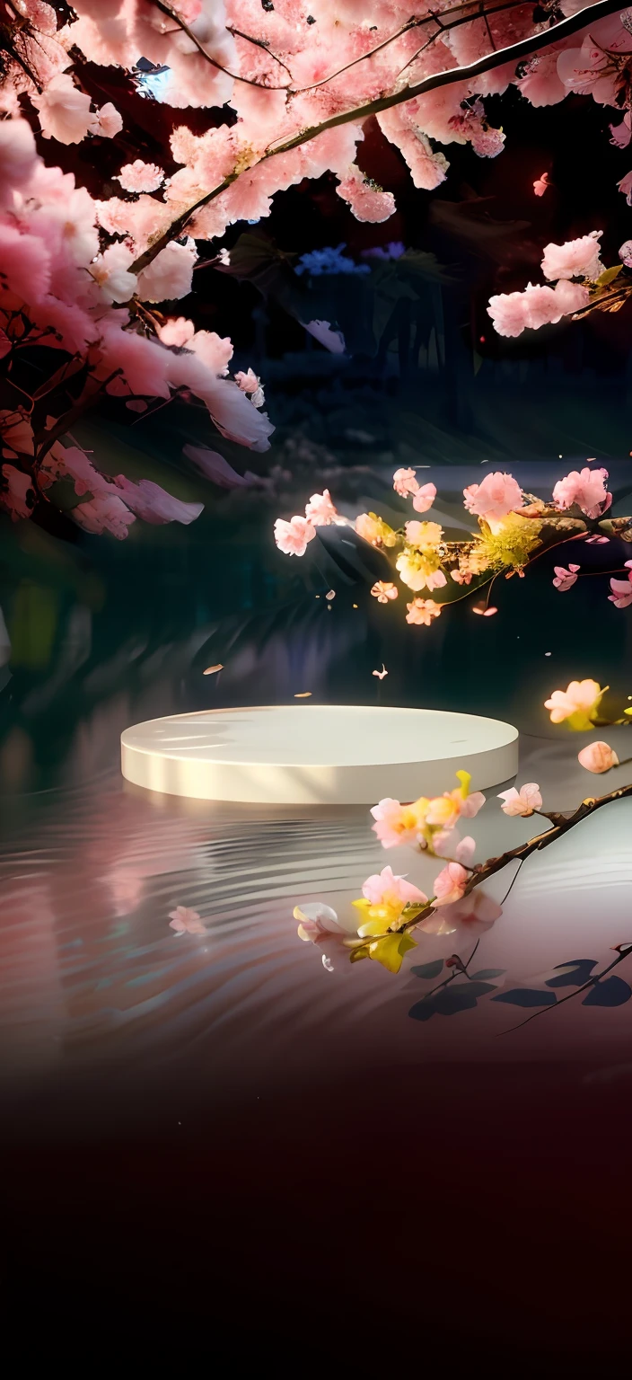 A high resolution，The is very detailed，Best quality at best，tmasterpiece，illustratio，very fine and beautiful，The is very detailed，CG，unified，8k 壁纸，Amazing Cleavage，finely detailled，tmasterpiece，best qualtiy，There is a picture of a beautiful cherry blossom tree，There is a white plate on it, sakura season dynamic lighting, flowing sakura silk, lush sakura, Japan. voluminetric lighting, flowing sakura-colored silk, sakura petals around her, falling cherry blossoms pedals, falling cherry blossom pedals, Cherry blossom forest, sakura season, falling cherry blossom pedals, falling cherry blossoms pedals, sakura season dynamic lighting, japonisme 3 d 8 k ultra detailed, 3 d stylize scene, surreal waiizi flowers, pop japonisme 3 d ultra detailed, floral environment, backside of scenography elements, flowing sakura silk，green leaf，yellowflower，Red flower，designs，red colour，Romantic，Flooring，platforms，Impresionismo，Van Gogh，Red flower，tree branch，branches，k hd，high-class，atmospheric scene，Stage，ventania，Snowflakes fluttering
