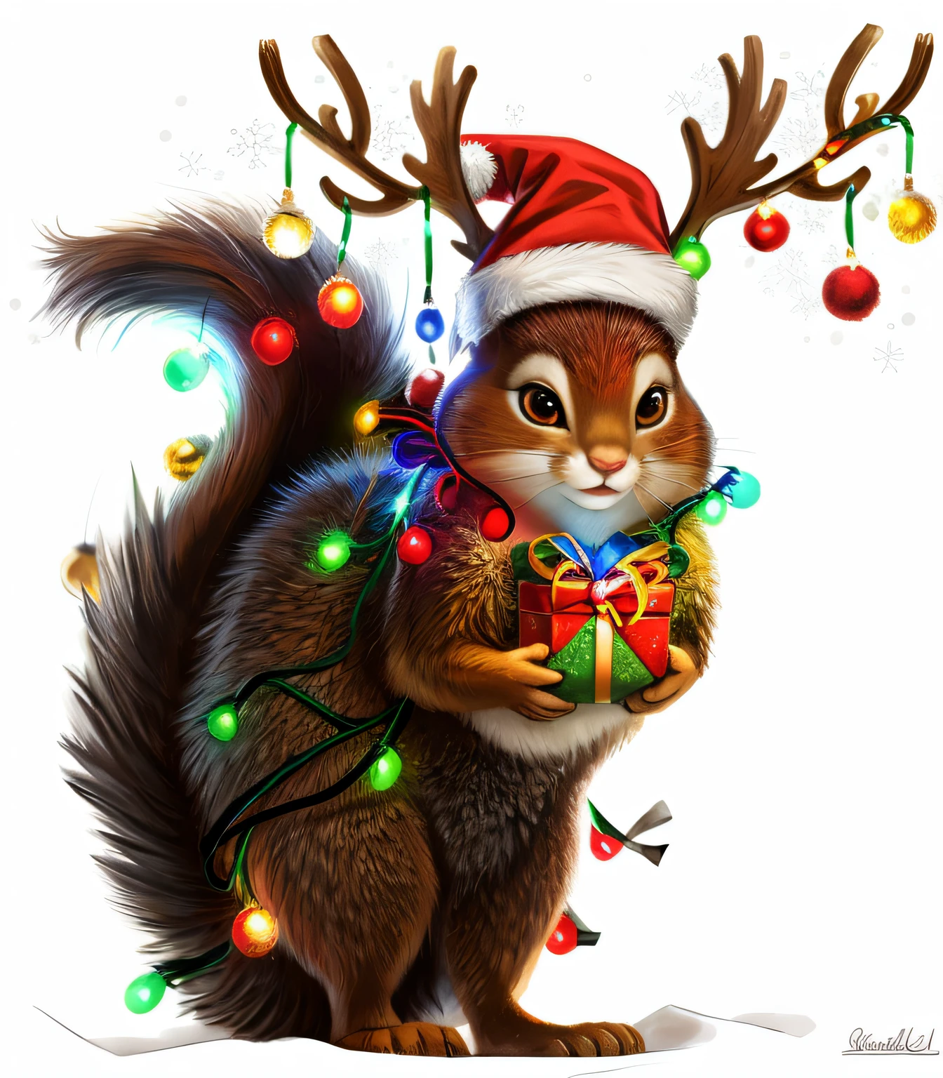 Arafard squirrel holding a gift of Christmas lights and Christmas hats, inspired by Rudolph F. Ingerle, the squirrel king, close up photograph, close up photograph, hight decorated, inspired by Rudolph Belarski, Awesome, photo-shopped, hyper realisitc, Close-up view, close - up view, full body close-up shot, photorender