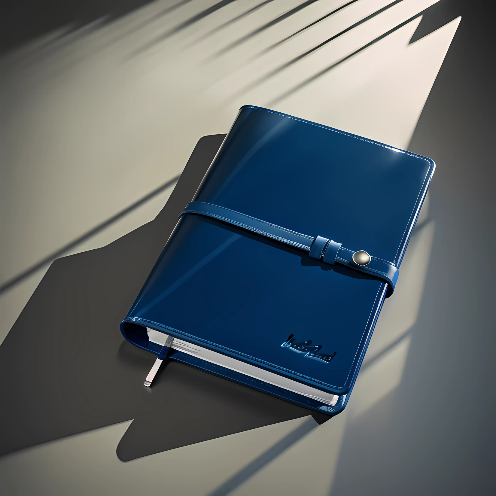 There is a blue leather folder on the table, product design shot,Close-up Shot Shot，Bottom view，luxury journal cover, Product rendering, product design render, 3 d product render, GRAPHITE, photoreal render, exquisite and smooth details, briefcase, author：Matthias Wescher,Natural light and shadow