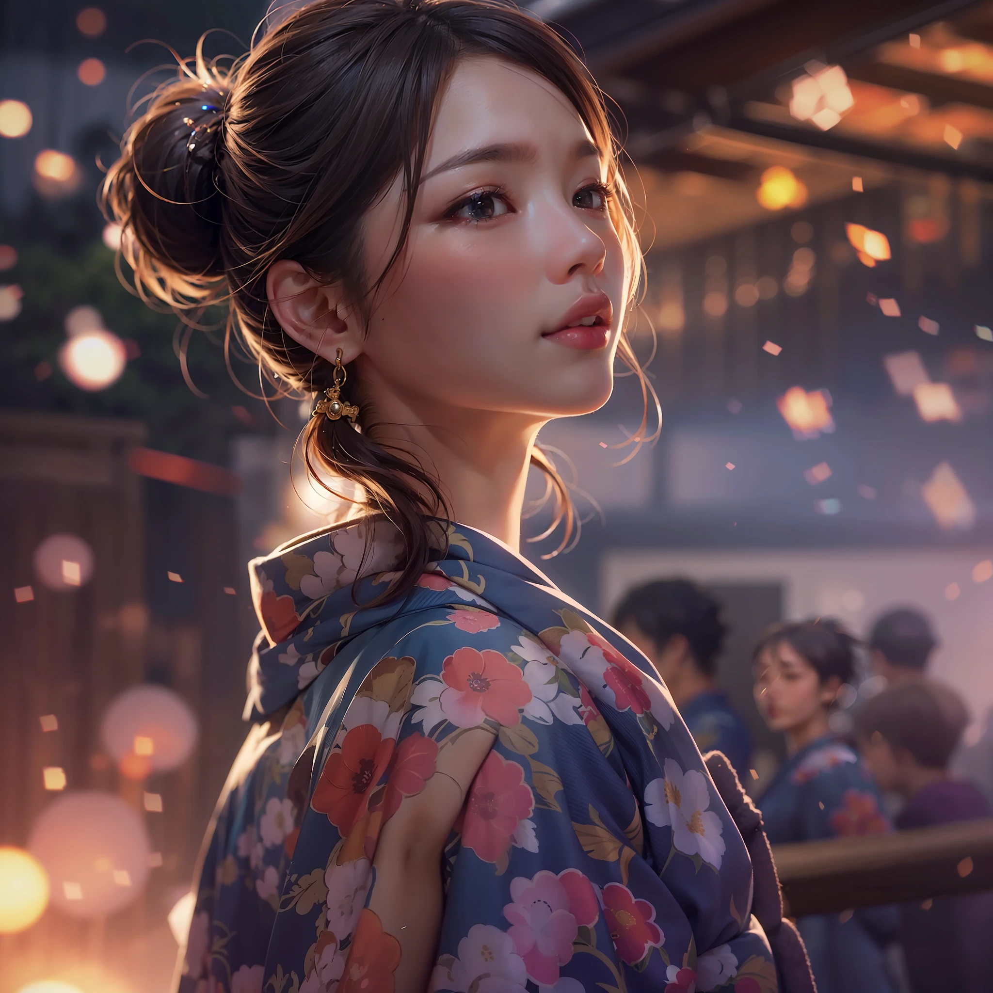Komono,Girl in Yukata,Blowing in the wind,Summer Festivals,natta,food stand,Spirit Stream,Big Fireworks,Ponytail Break 8K, (Raw photo: 1.2), (Realism: 1.4), (masutepiece: 1.3), (exquisite detailing: 1.2), Delicate and beautiful details, (Eye Detail), (Facial Detailed), (Highest Quality) :1.4), (Hyper-Resolution: 1.2), (very detailed illustration),Best Quality,depth of fields, Wide light, natural shadows