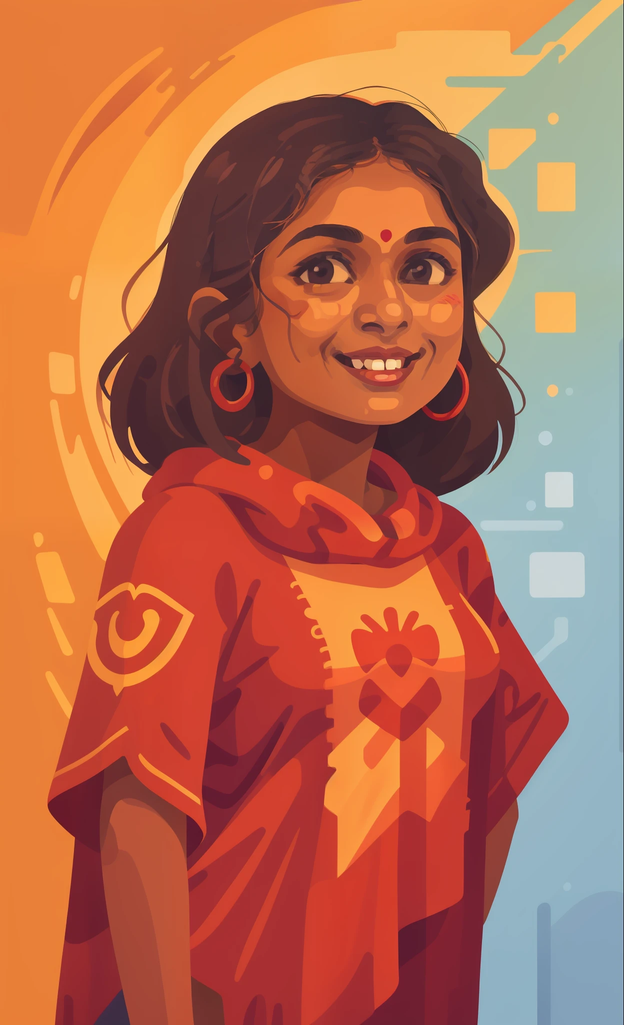 there is a woman in a red poncho, a colorized photo by T. K. Padmini, tumblr, hurufiyya, with lovely look, around 1 9 , indian girl with brown skin, profile pic, innocent smile painting of a woman, vibrant and bold pop art with high contrast colors, dynamic composition, and exaggerated details