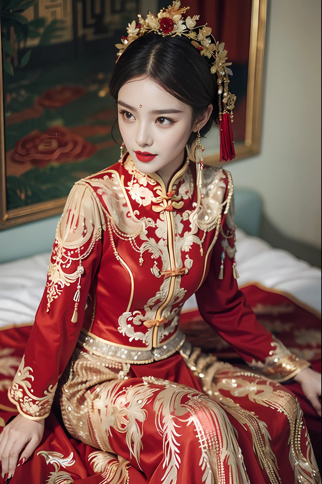 (ultra realistic 8k CG:1.2),perfect artwork,delicate pattern,intricate detail, (unparalleled masterpiece,best quality:1.2),(extremely intricate:1.2),a woman in a red and gold dress, Phoenix crown,hair stick,(sitting on red bed),Cosmetic,blush,shy,black_hair, looking down, Cosmetic,(forehead dot),(2 red candles), chinese_clothes, curtains, earrings, hair_ornament, hanfu, indoors, jewelry, red nails, long_sleeves, red dress, red lips, tassel, (Red quilt),(red palace:1.2),(ancient Chinese architecture),(red:1.8),night